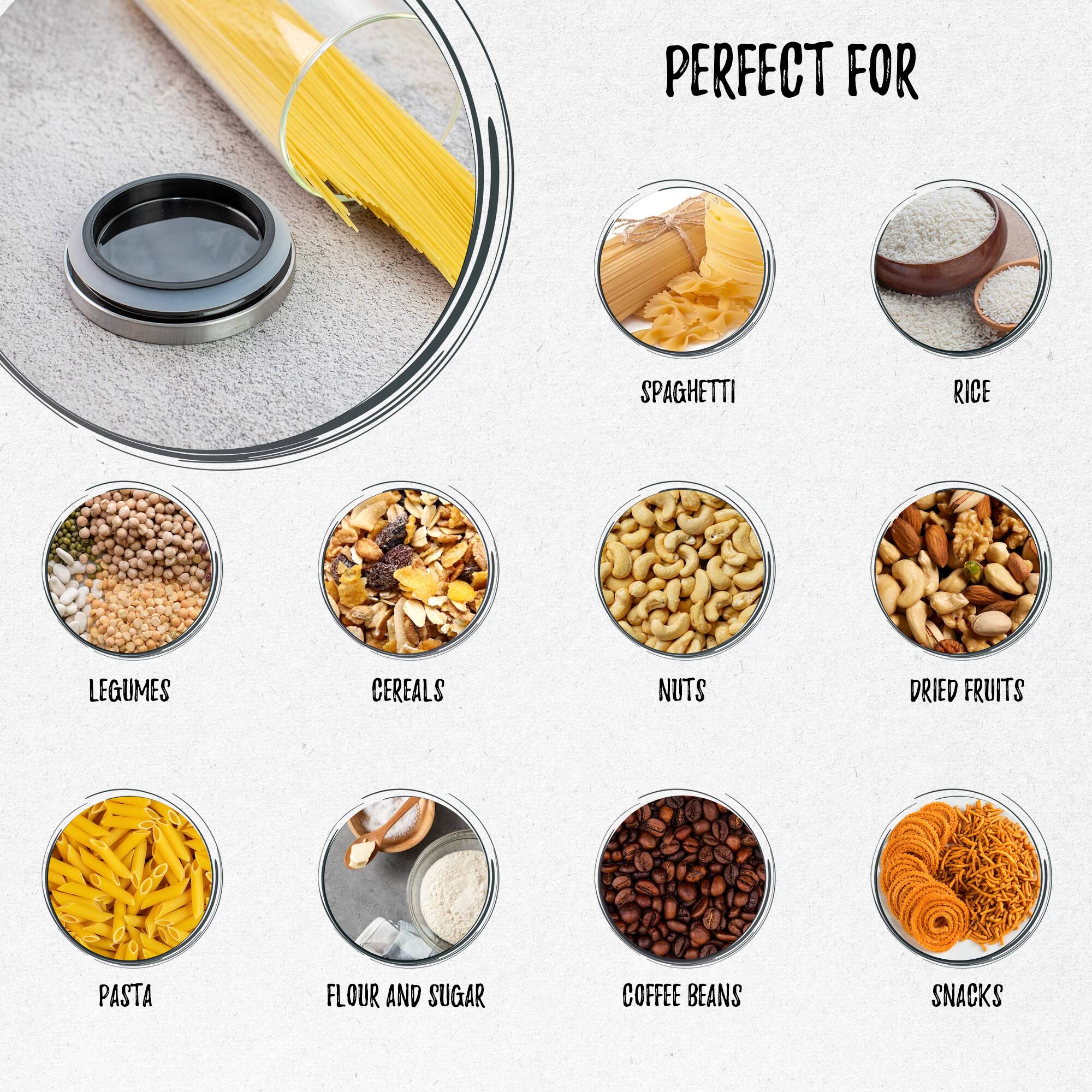 PERFECT FOR SPAGHETTI RICE LEGUMES CEREALS NUTS DRIED FRUITS PASTA FLOUR AND SUGAR COFFEE BEANS SNACKS