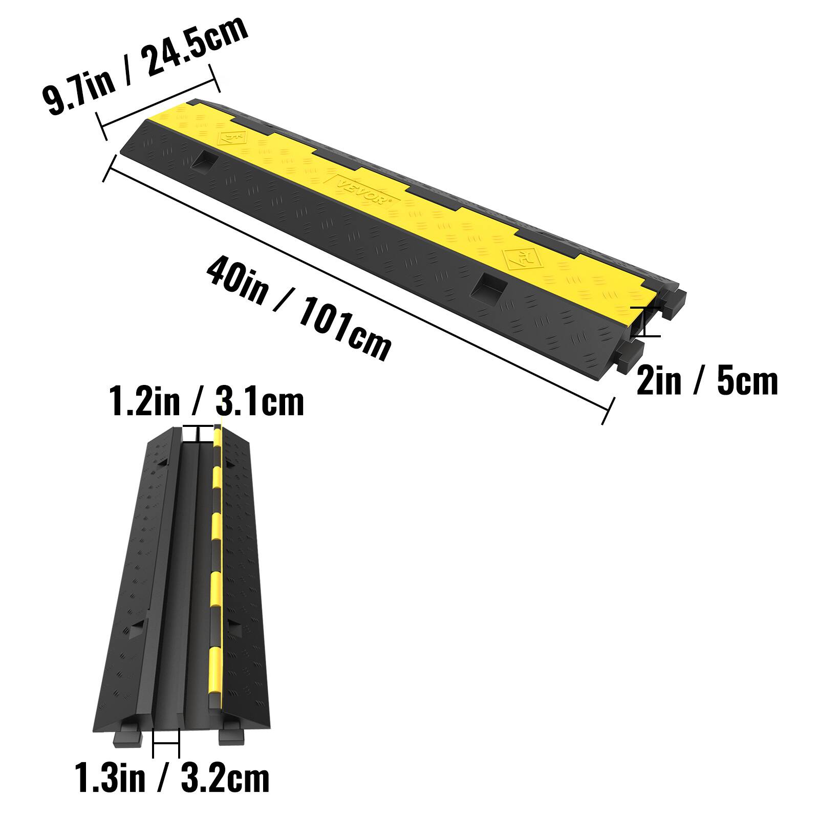 9.7in / 24.5cm, 40in / 101cm, 1.2in / 3.1cm, 2in / 5cm, 1.3in / 3.2cm