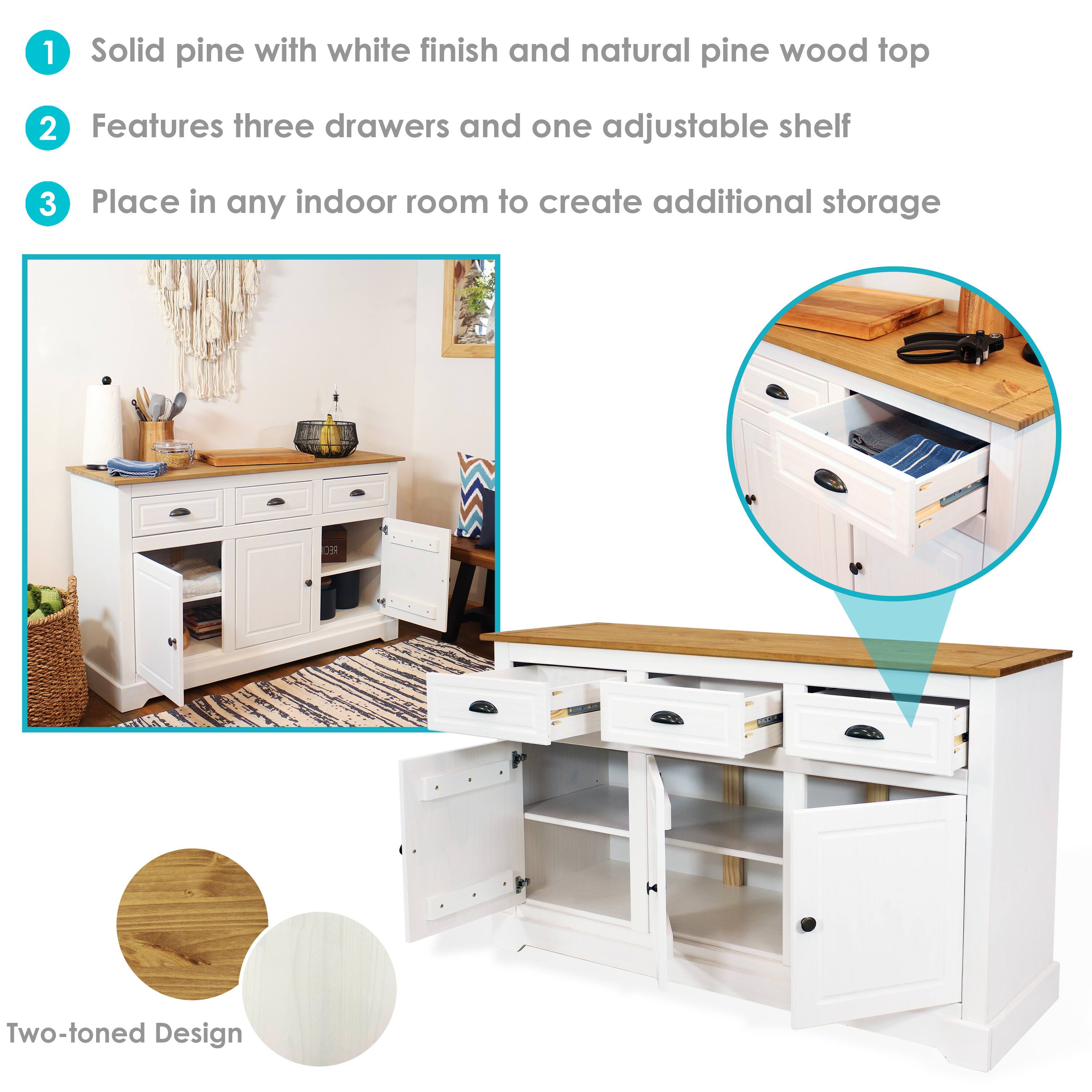 1. Solid pine with white finish and natural pine wood top  
2. Features three drawers and one adjustable shelf  
3. Place in any indoor room to create additional storage  

Two-toned Design