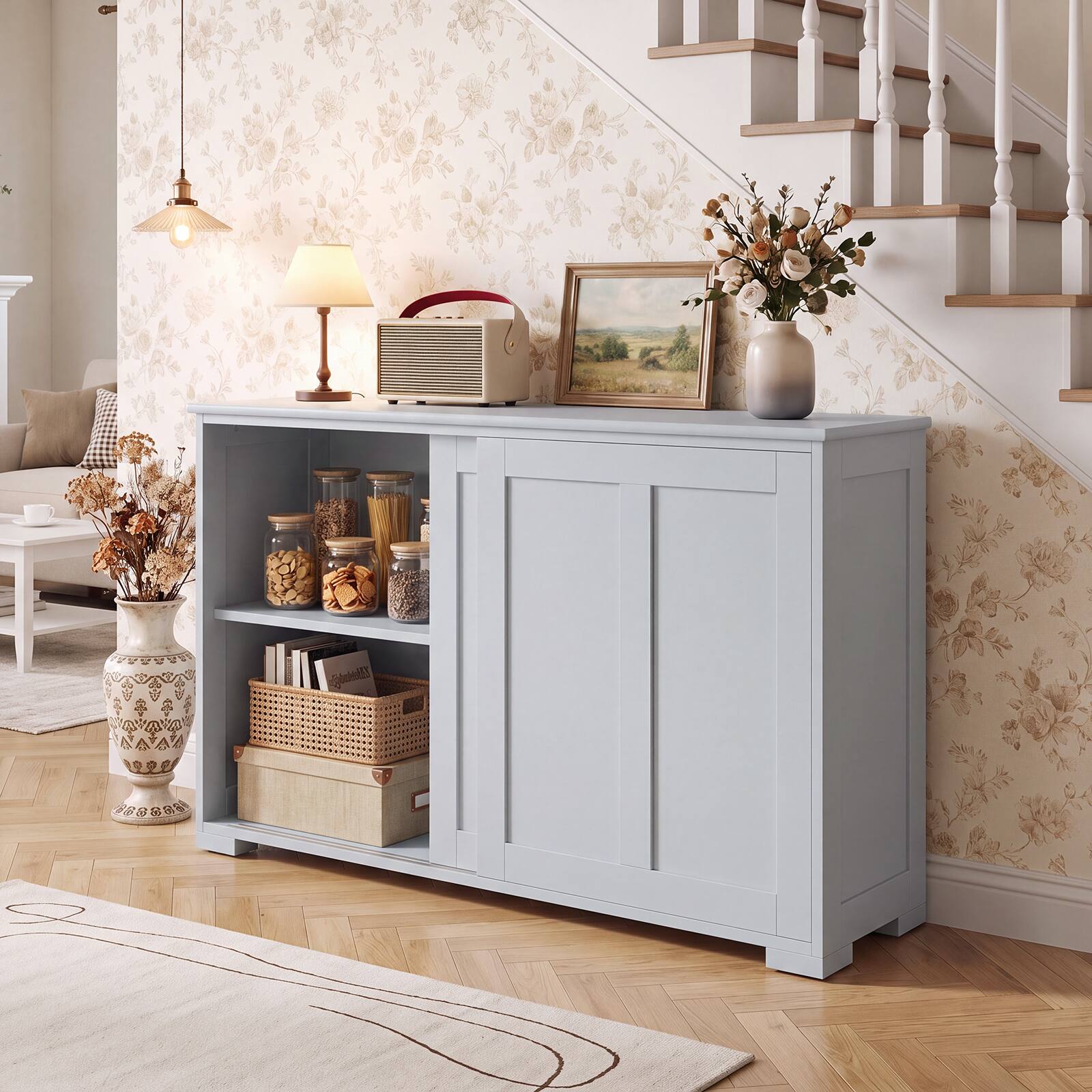 Alt View 4. Costway - Stackable Buffet Sideboard Set of 2 with Sliding Doors & Adjustable Shelf - Gray.