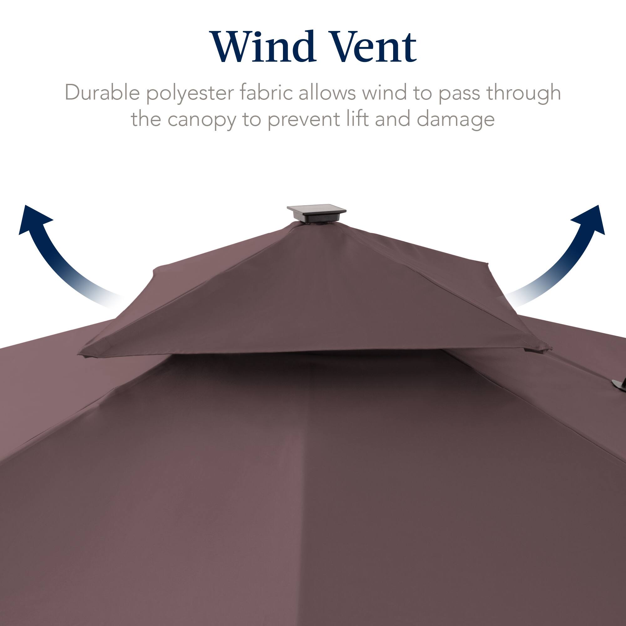 Wind Vent  
Durable polyester fabric allows wind to pass through the canopy to prevent lift and damage