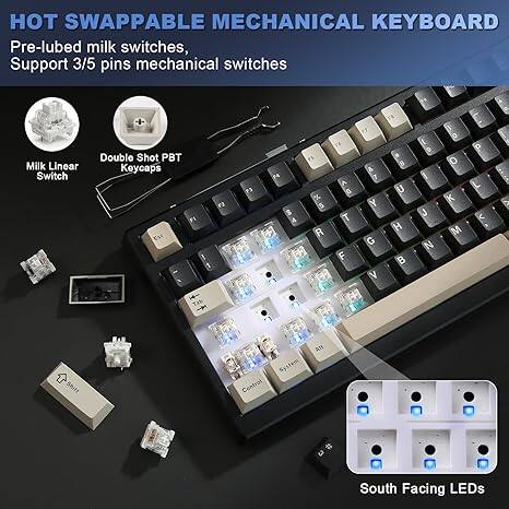 HOT SWAPPABLE MECHANICAL KEYBOARD

- Pre-lubed milk switches
- Support 3/5 pins mechanical switches
- Milk Linear Switch
- Double Shot PBT Keycaps

Keycap Layout:
- F1 F2 P3 4 s A F5 % 5 R F4 A
- T F a 7 Y G V VA
- B U H B D i J N b
- 0 O L K < M
- A

Features:
- Snilt Control System
- South Facing LEDs
