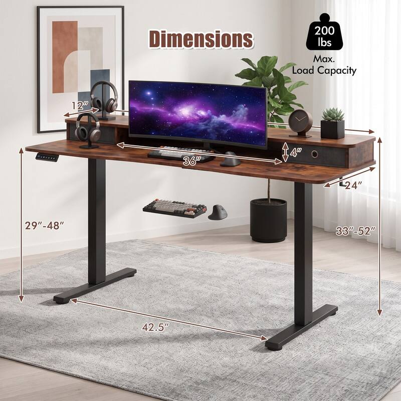 Dimensions: 200 lbs Max. Load Capacity  
12" x 36" x 4"  
24"  
29"-48"  
33"-52"  
42.5"