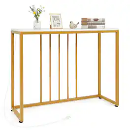 Costway - Console Table with Built-in Charging Station, Heavy-Duty Metal Frame for Foyer - White + Gold