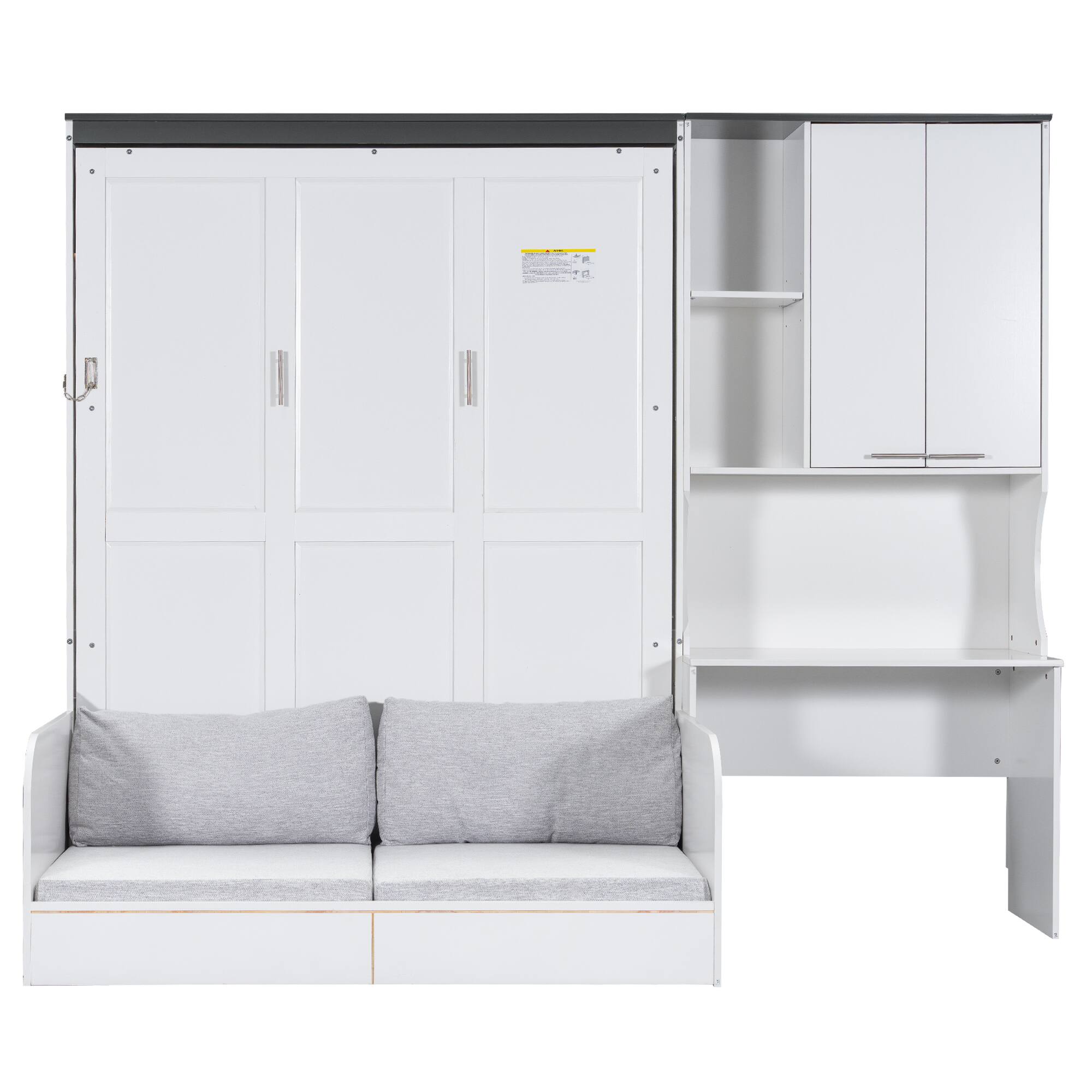 Alt View 2. Whisen - Queen Size Multi-Functional Murphy Bed with Sofa, Desk & Storage Cabinet,Space-Saving Foldable Design - White.