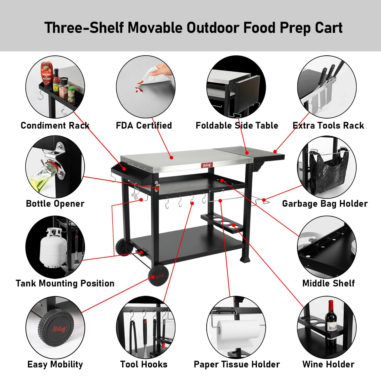 Three-Shelf Movable Outdoor Food Prep Cart  
- Condiment Rack  
- FDA Certified  
- Foldable Side Table  
- Extra Tools Rack  
- Bottle Opener  
- Garbage Bag Holder  
- Tank Mounting Position  
- Middle Shelf  
- Easy Mobility  
- Tool Hooks  
- Paper Tissue Holder  
- Wine Holder