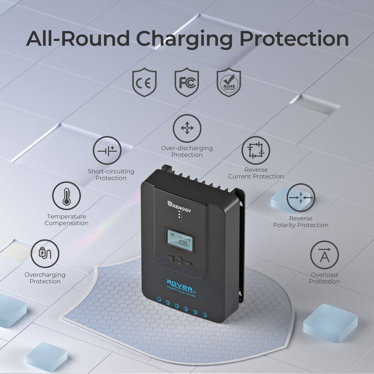 All-Round Charging Protection: CE, FC, RGHS, Over-discharging Protection, Short-circuiting Protection, Reverse Current Protection, Temperature Compensation, Erenogy, Reverse Polarity Protection, Overcharging Protection, 18V, 7A, ROVER Mtm Large i, Overload Protection.