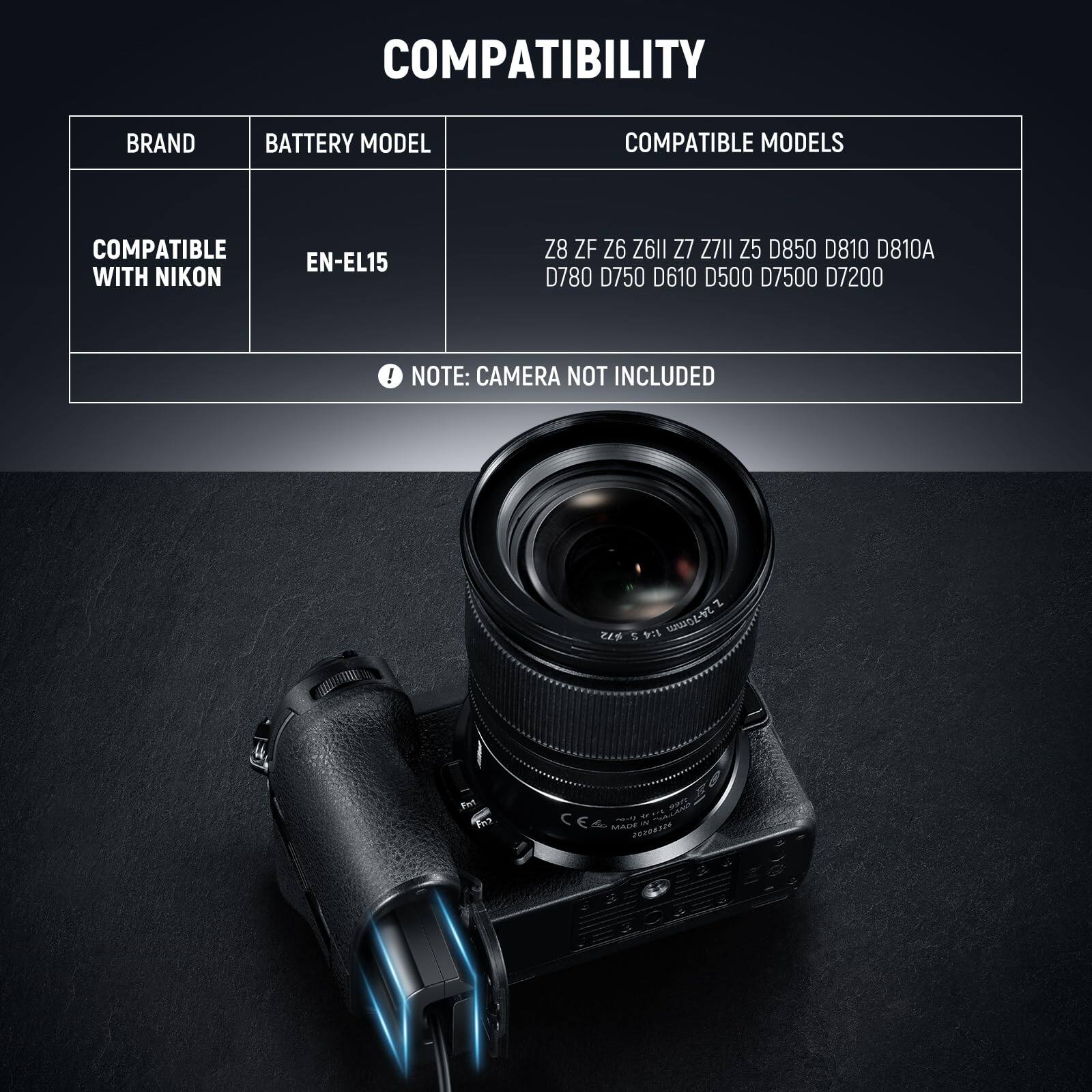 COMPATIBILITY

BRAND  
COMPATIBLE WITH NIKON

BATTERY MODEL  
EN-EL15

COMPATIBLE MODELS  
Z8, ZF, Z6, Z6I, Z7, Z7II, Z5, D850, D810, D810A, D780, D750, D610, D500, D7500, D7200

NOTE: CAMERA NOT INCLUDED

5 14 Je-304 Fet Farh  
210 - CE& MADE 2020A34 -