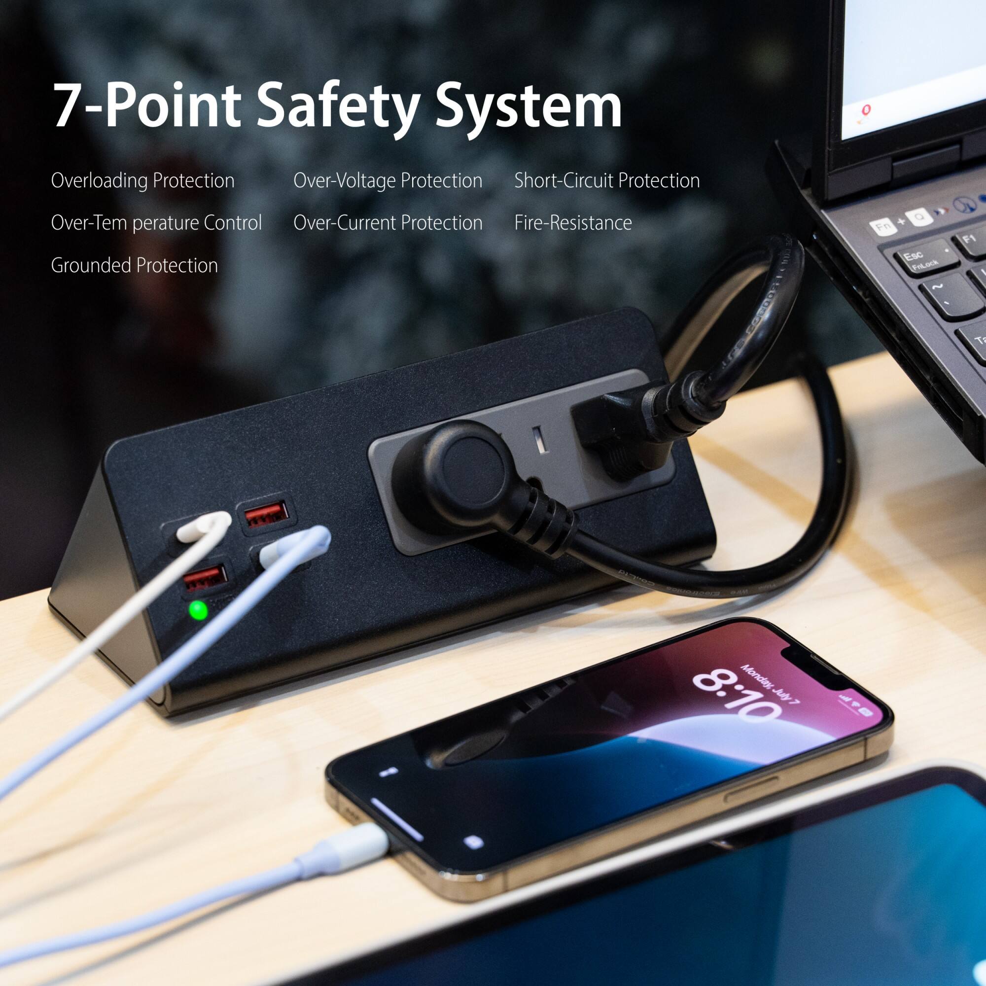 7-Point Safety System

- Overloading Protection
- Over-Voltage Protection
- Over-Temperature Control
- Over-Current Protection
- Short-Circuit Protection
- Fire-Resistance
- Grounded Protection