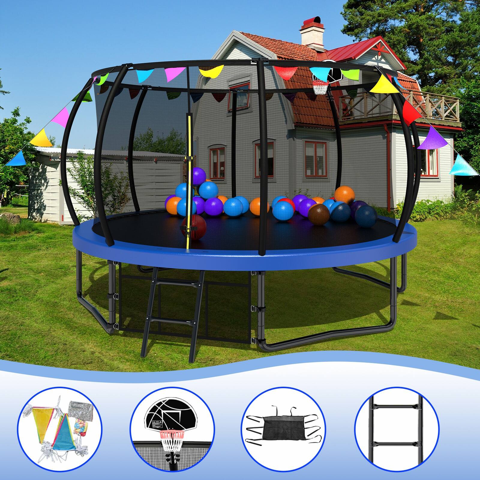 Alt View 5. Ecooso - 12FT Recreational Trampoline with Safety Enclosure Net & Ladder: Basketball Set, Storage Bag, Certified - Blue.
