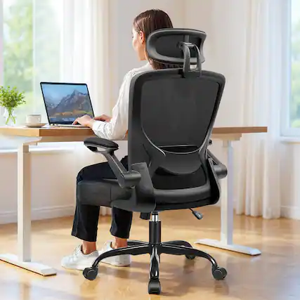 Front. KERDOM - Ergonomic Office Chair, High Back Mesh Chair, Adjustable Lumbar Support & Headrest, Flip-up Arms, Computer Gaming Chair - Black.