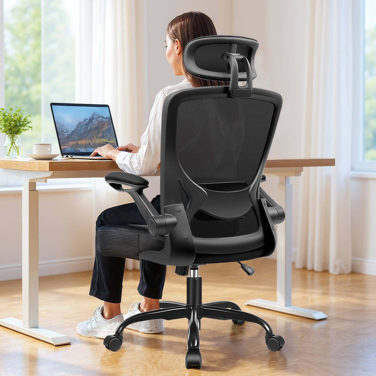 KERDOM - Ergonomic Office Chair, High Back Mesh Chair, Adjustable Lumbar Support & Headrest, Flip-up Arms, Computer Gaming Chair - Black