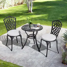 Nuu Garden - Patio 3-Piece Cast Aluminum Bistro Set with Cushions, Umbrella Hole - Black and Gray