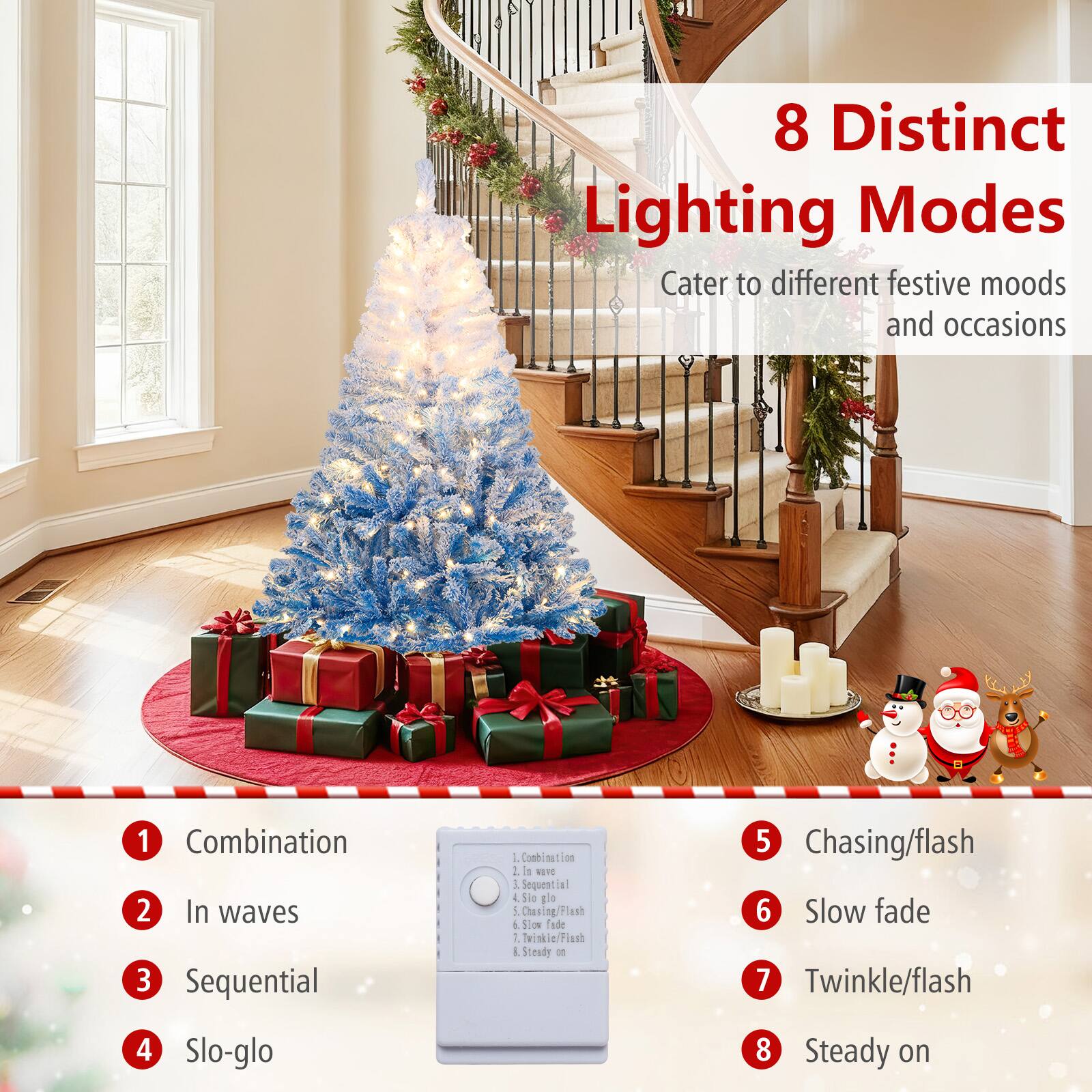 8 Distinct Lighting Modes  
Cater to different festive moods and occasions

1. Combination
2. In waves
3. Sequential
4. Slo-glo
5. Chasing/flash
6. Slow fade
7. Twinkle/flash
8. Steady on