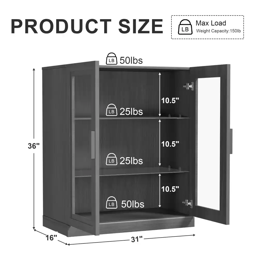 PRODUCT SIZE

Max Load Weight Capacity: 150lb

- Height: 36"
- Width: 31"
- Depth: 16"

Shelf Details:
- Top Shelf: 50lbs
- Second Shelf: 25lbs
- Third Shelf: 25lbs
- Bottom Shelf: 50lbs

Each shelf height: 10.5"