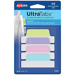 Assorted Publishers - Avery UltraTabs Repositionable Margin Tabs, 2.5" x 1", Assorted Pastel Colors, 6 Tabs/Pad, 8 Pads - Multicolor