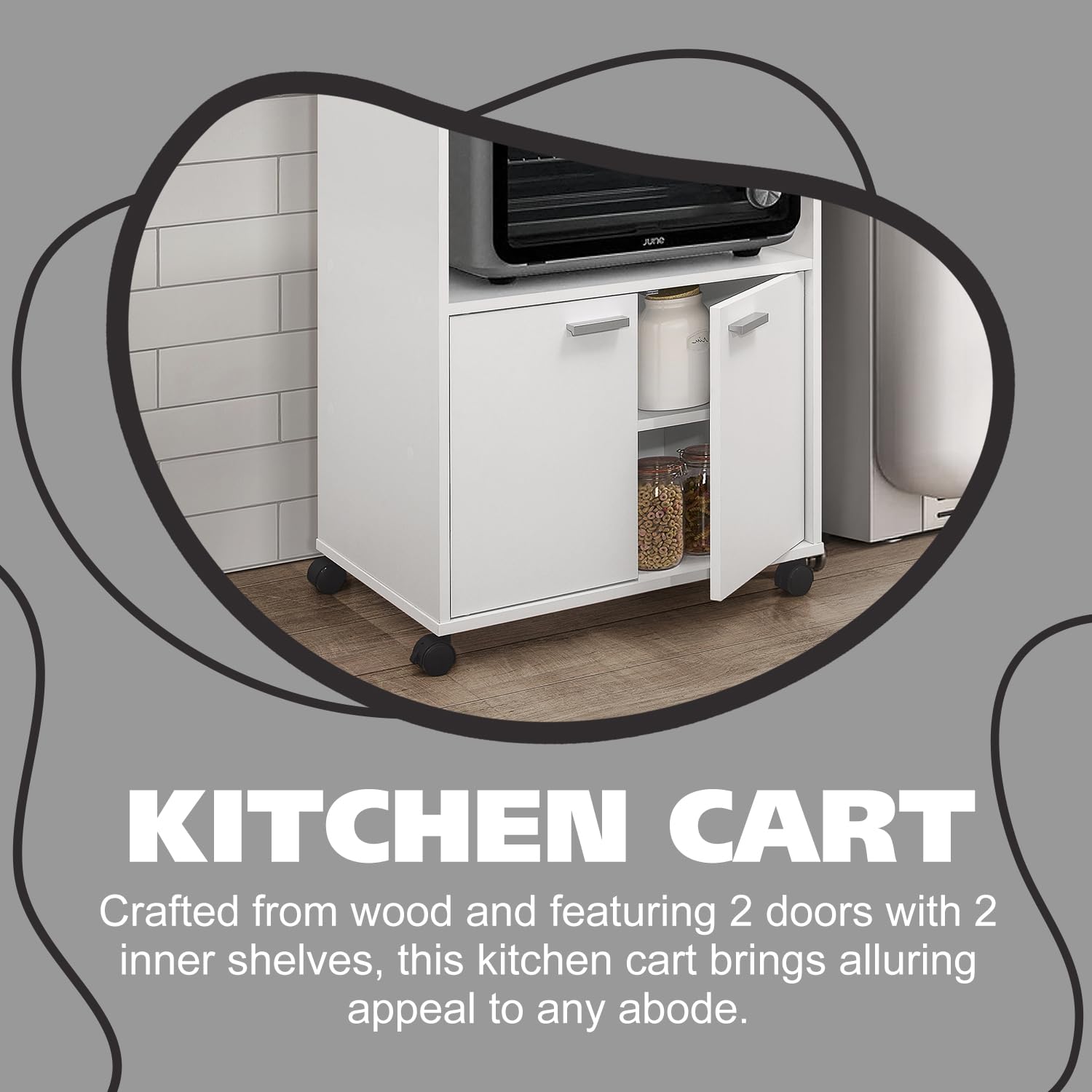 KITCHEN CART

Crafted from wood and featuring 2 doors with 2 inner shelves, this kitchen cart brings alluring appeal to any abode.