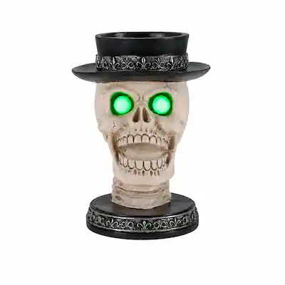 Front. RYHNUYNE - Halloween Skull Candle Holder with Glowing Green LED Eyes and Top Hat, Gothic Skeleton Statue Decor for Spooky - Black.