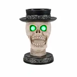 RYHNUYNE - Halloween Skull Candle Holder with Glowing Green LED Eyes and Top Hat, Gothic Skeleton Statue Decor for Spooky - Black