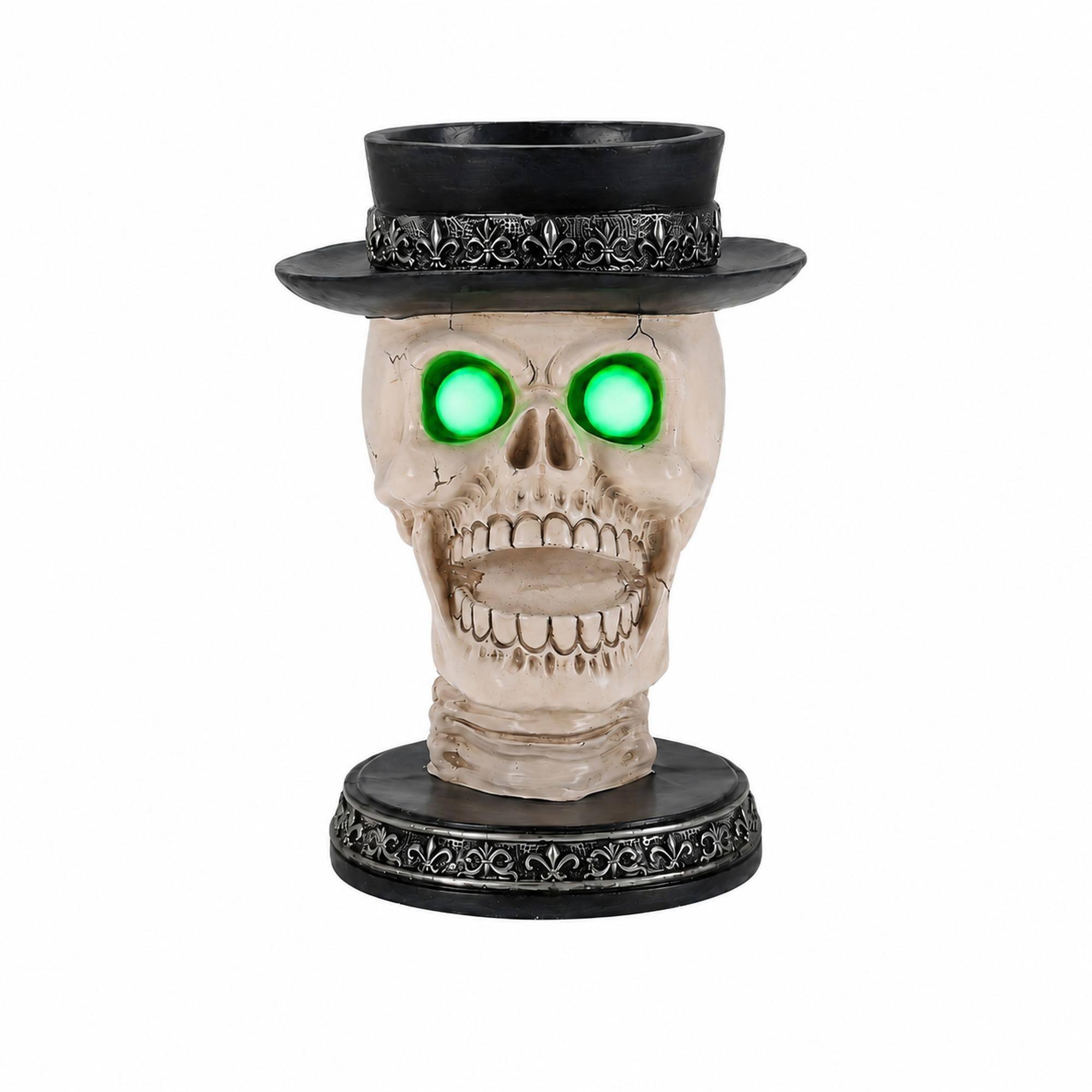Front. RYHNUYNE - Halloween Skull Candle Holder with Glowing Green LED Eyes and Top Hat, Gothic Skeleton Statue Decor for Spooky - Black.
