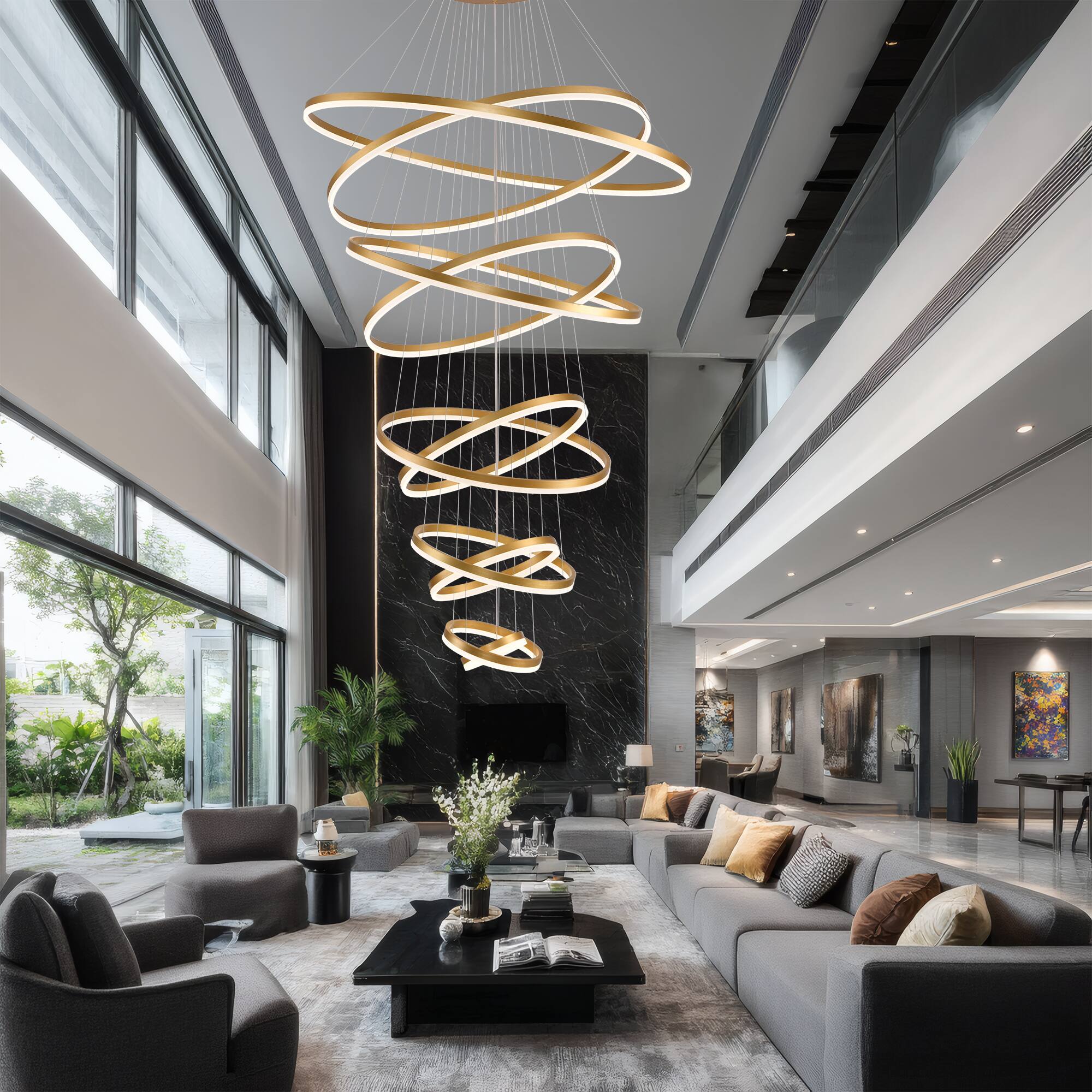 Alt View 1. RYHNUYNE - 10 Ring LED Chandelier with Remote Adjustable Dimmable Pendant Light for High Ceilings, Foyer, Living Room.