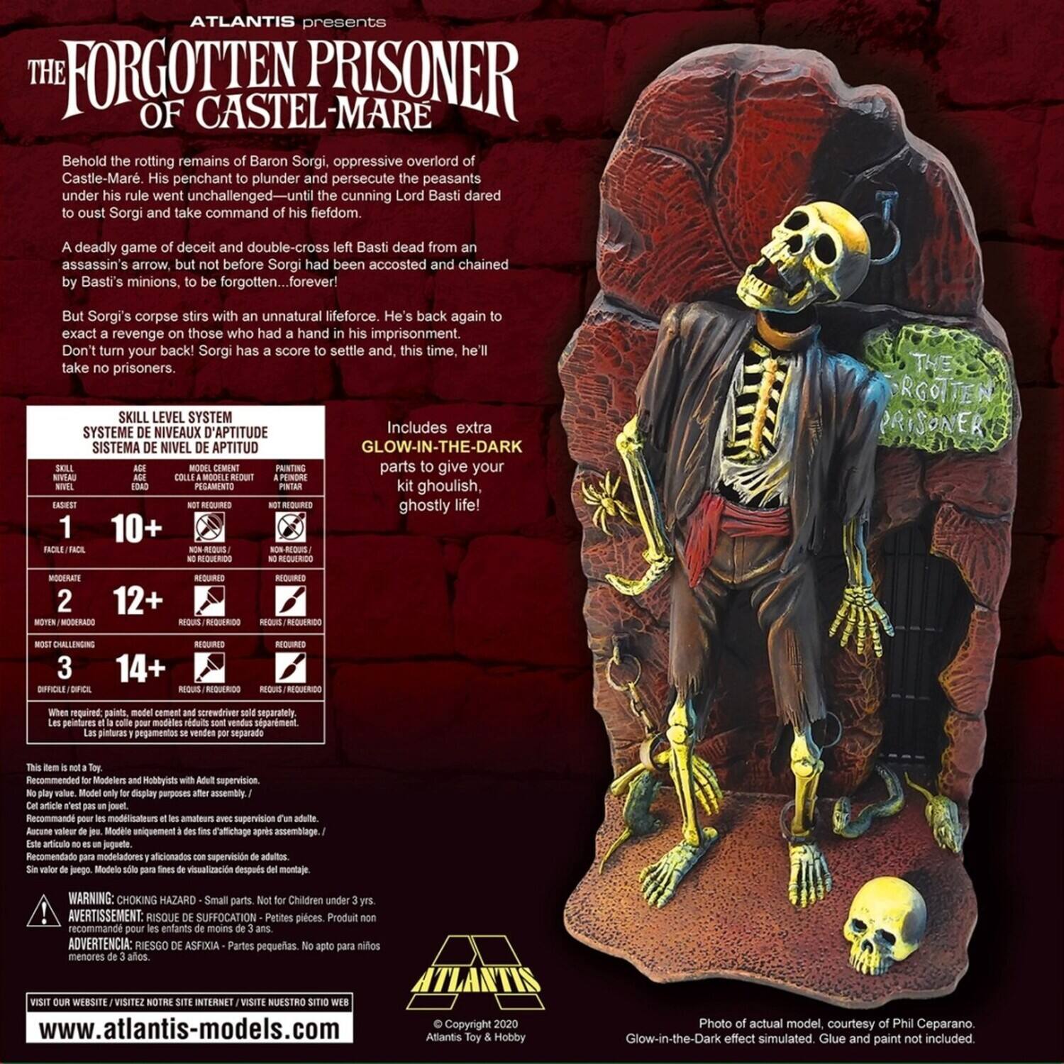 ATLANTIS presents THE FORGOTTEN PRISONER OF CASTEL-MARE

Behold the rotting remains of Baron Sorgi, oppressive overlord of Castle-Mare. His penchant to plunder and persecute the peasants under his rule went unchallenged—until cunning Lord Basti dared to oust Sorgi and take command of his fiefdom. A deadly game of deceit and double-cross left Basti dead from an assassin's arrow. But before Sorgi had been accosted and chained by Basti's minions, to be forgotten... forever.

But Sorgi's corpse stirs with an unnatural lifeforce. He's back again to exact revenge on those who had a hand in his imprisonment. Don't turn your back! Sorgi has a score to settle and, this time, he'll take no prisoners.

SKILL LEVEL SYSTEM
SYSTEME NIVEAUX D'APTITUDE
SISTEMA NIVEL APTITUD

1 10+ REQUERIDO
2 12+ REQUERIDO
3 14+ REQUERIDO

Includes extra GLOW-IN-THE-DARK parts to give your kit a ghostly life!

WARNING: CH