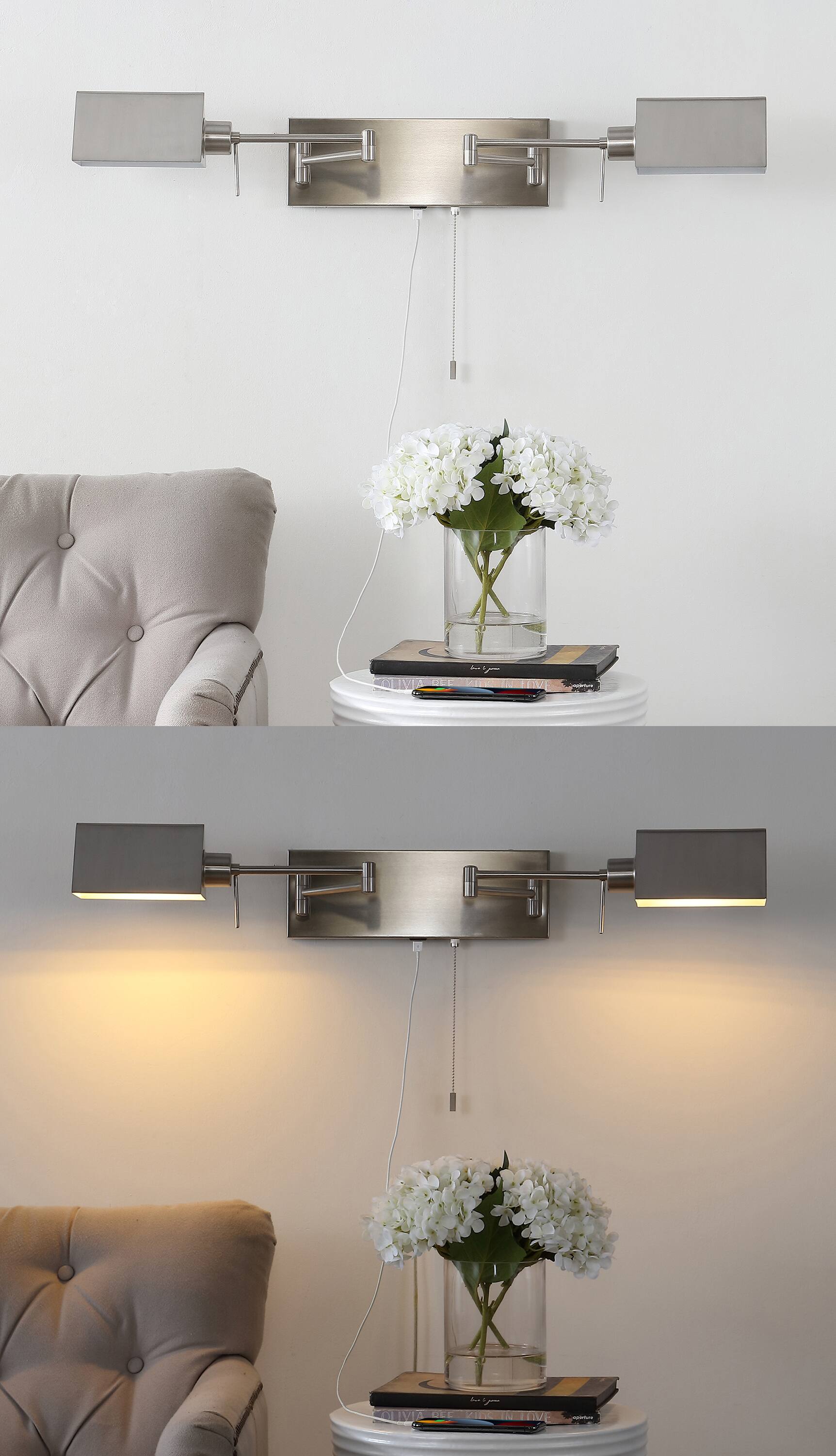 Alt View 4. Jonathan Y - Arlo 54" 2-Light Farmhouse Industrial Double Swing Arm Iron LED Wall Sconce with Pull-Chain USB Charging Port, Nickel - Nickel.