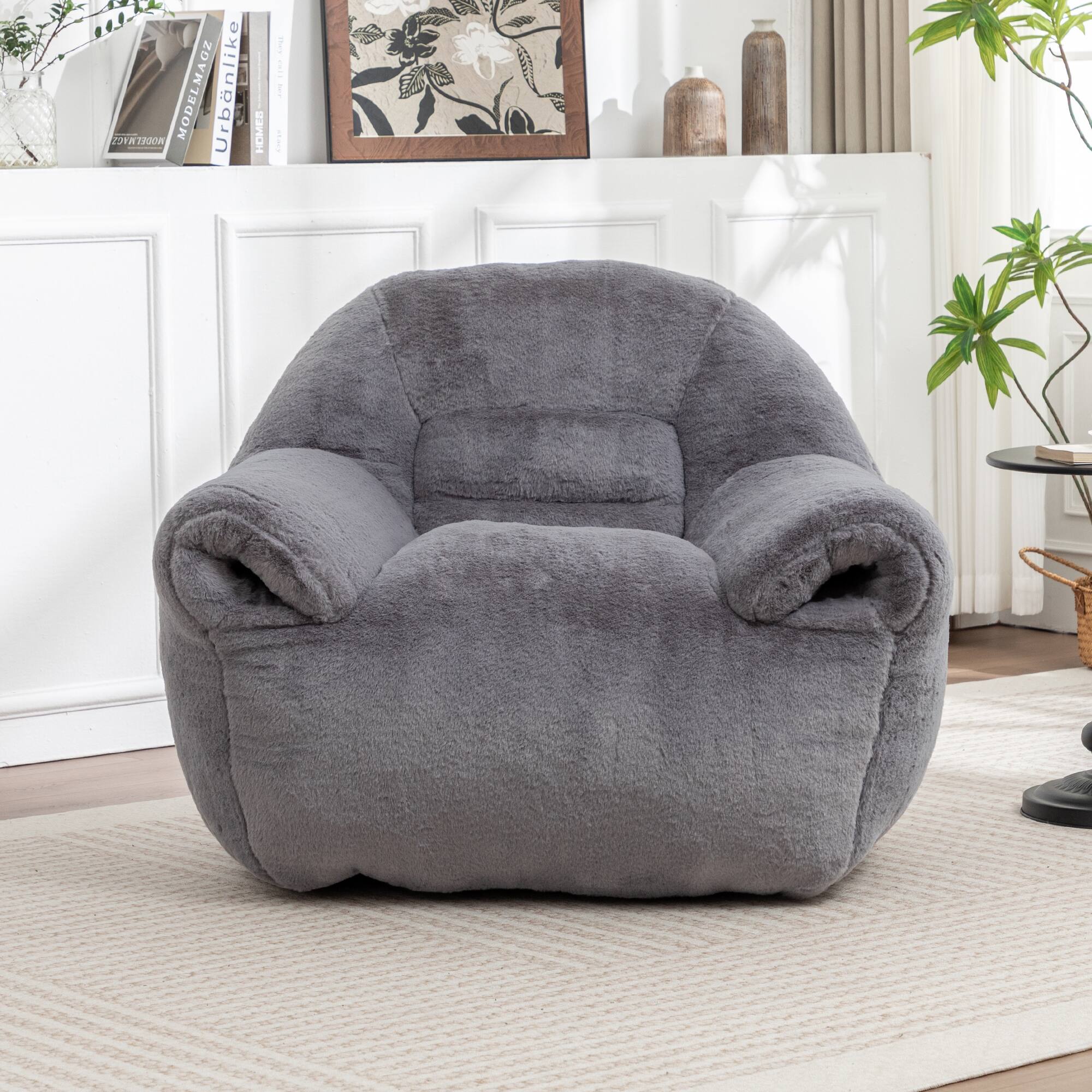 GOODSILO - Comfy Bean Bag Chair with Back Support - Faux Fur Stuffed Floor Sofa for Living Room, Bedroom, Apartment - Dark Gray