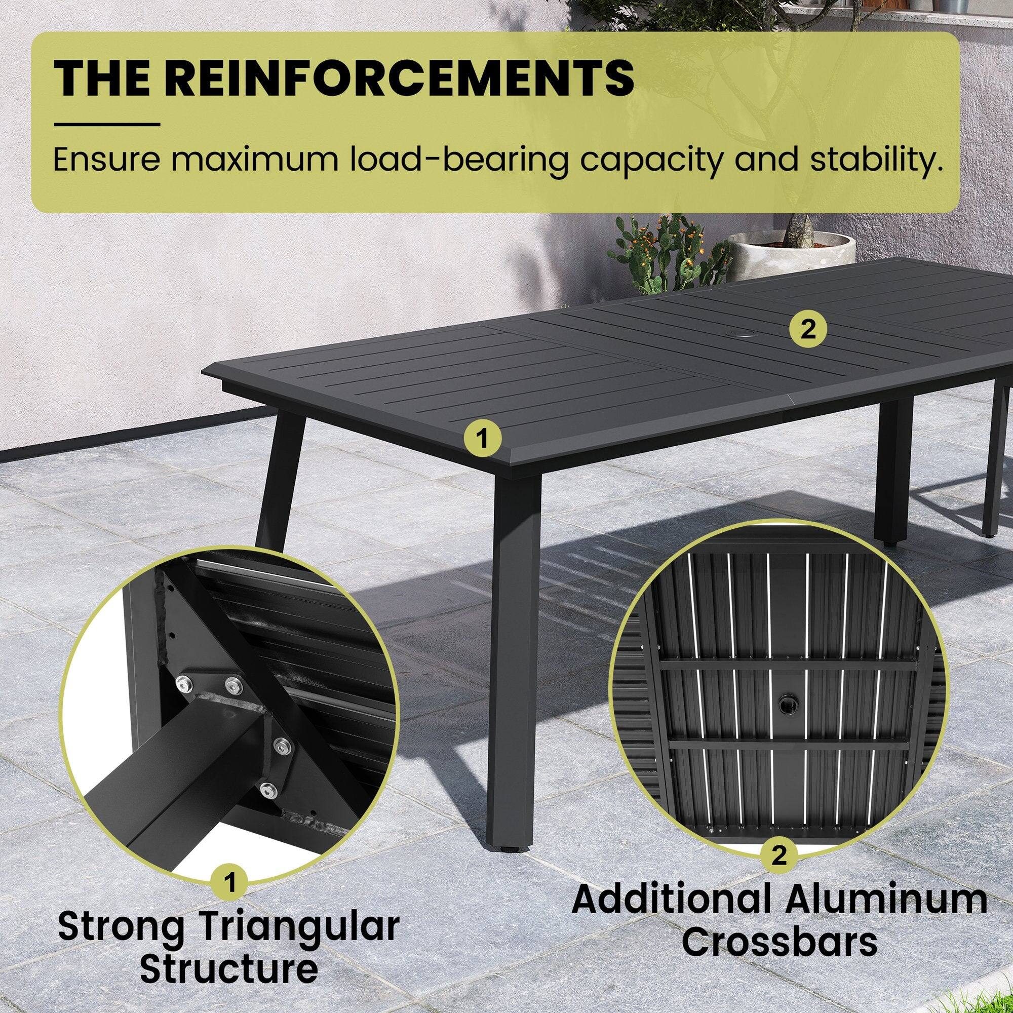 **THE REINFORCEMENTS**

Ensure maximum load-bearing capacity and stability.

1. Strong Triangular Structure

2. Additional Aluminum Crossbars