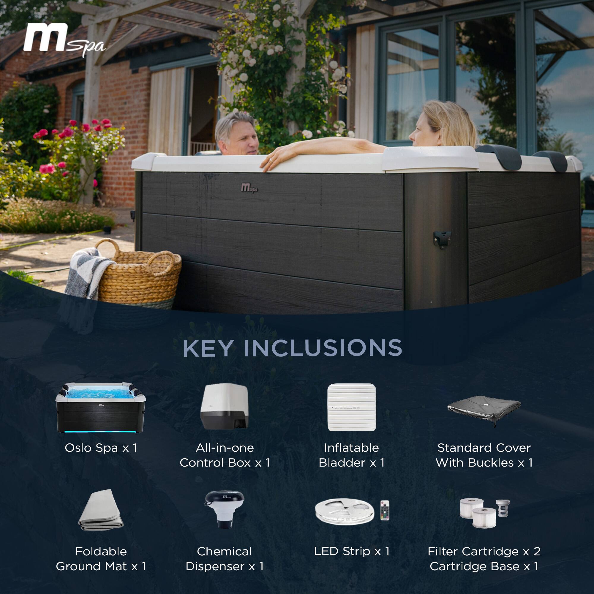 KEY INCLUSIONS

- Oslo Spa x 1
- All-in-one Control Box x 1
- Inflatable Bladder x 1
- Standard Cover With Buckles x 1
- Foldable Ground Mat x 1
- Chemical Dispenser x 1
- LED Strip x 1
- Filter Cartridge x 2
- Cartridge Base x 1