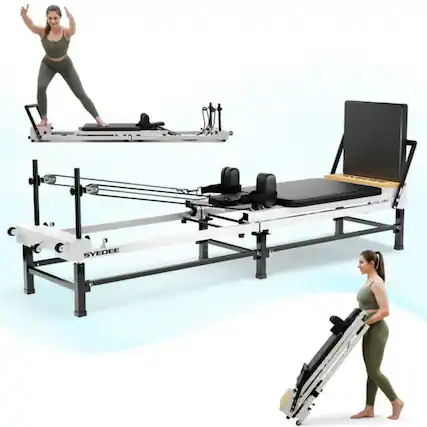 Front. Syedee - Foldable Pilates Reformer Machine, Balanced Body Pilates Exercise Equipment with Jump Board and Storage Bag - White.