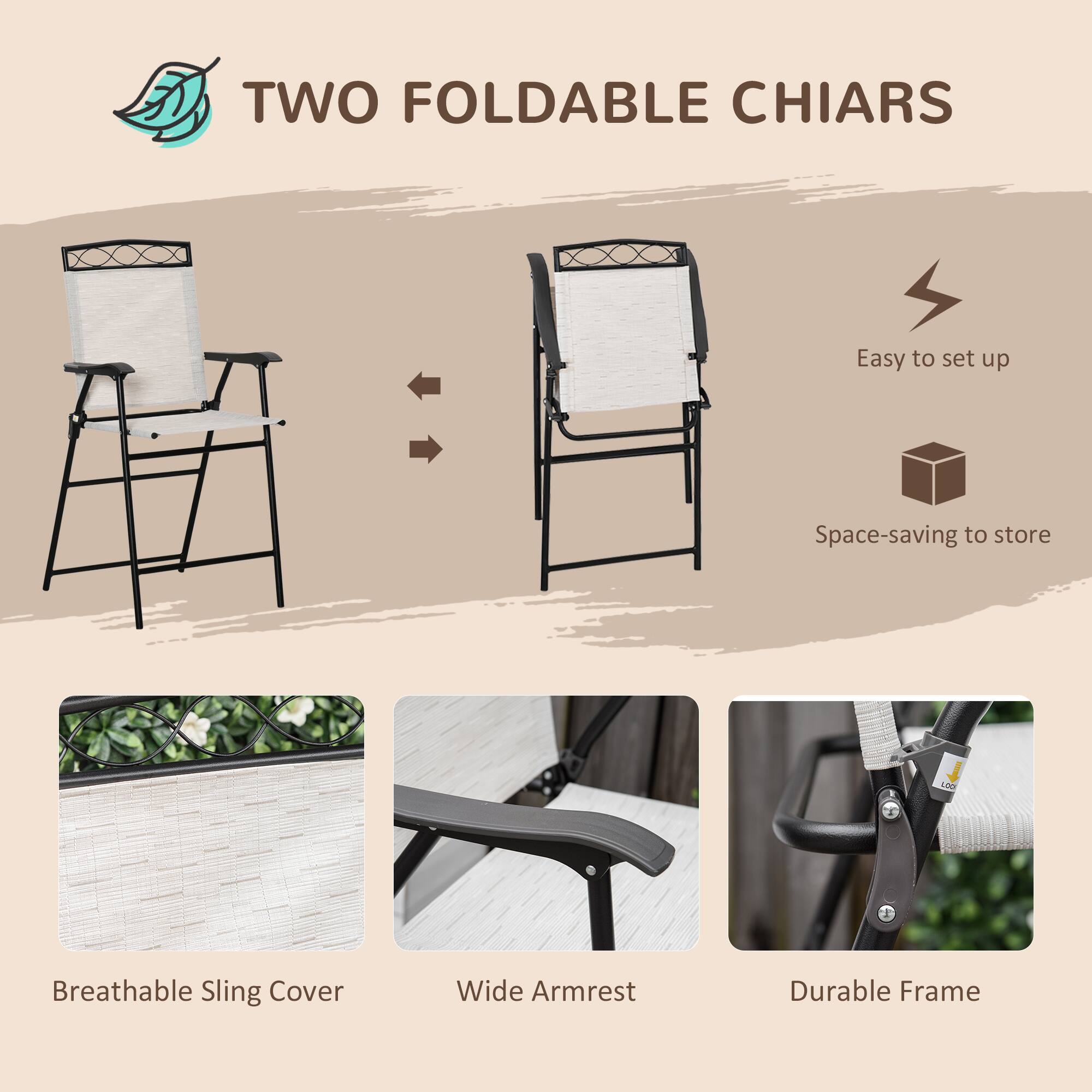 TWO FOLDABLE CHIARS
Easy to set up
Space-saving to store
Breathable Sling Cover
Wide Armrest
Durable Frame