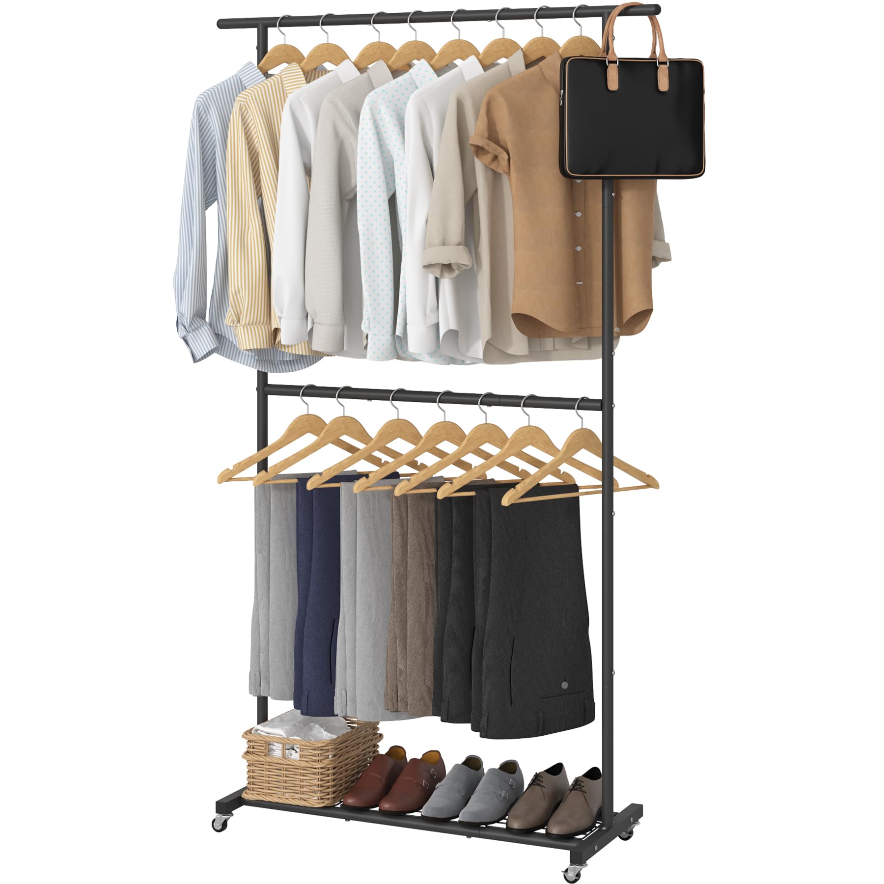 Front. Refined Abode Design - Double Rod Clothing Garment Rack Rolling Clothes Organizer On Wheels For Hanging Easy To Assemble Adjustable - Black With mesh.