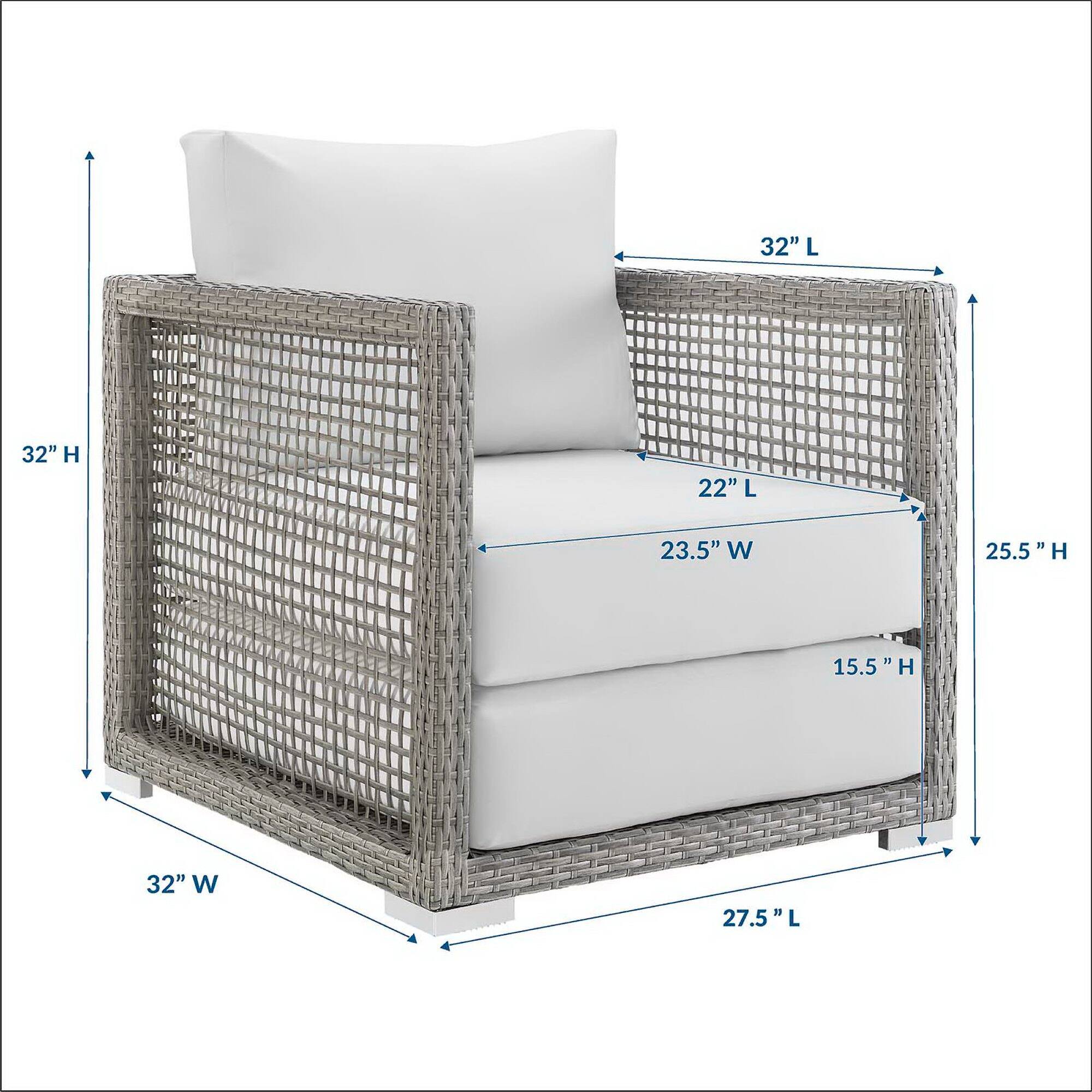 32" L  
32" H  
22" L  
23.5" W  
25.5" H  
15.5" H  
32" W  
27.5" L