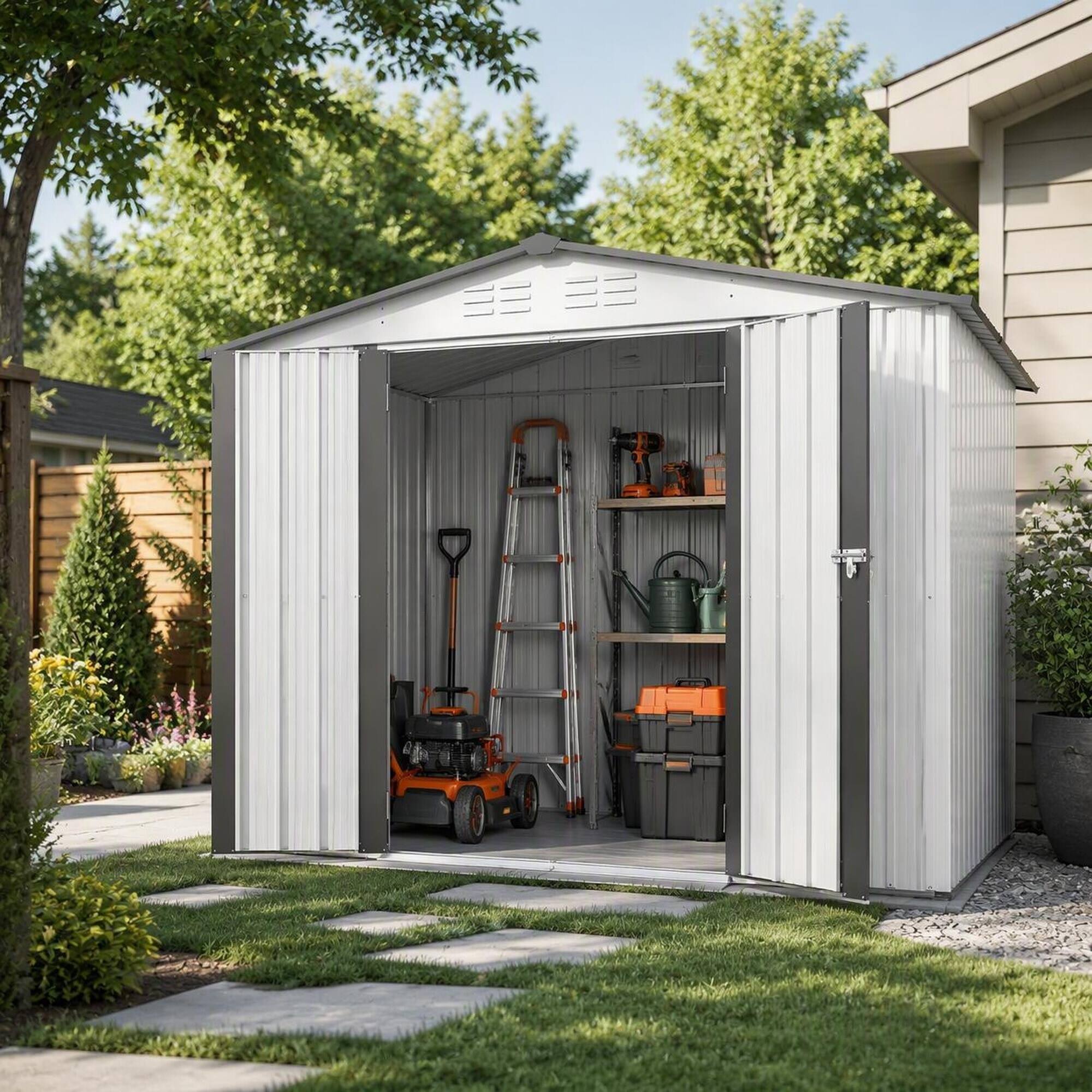 Angle. RYHNUYNE - White 8x6 ft Steel Shed Lockable Doors Weatherproof Garden Tool House Backyard - White.