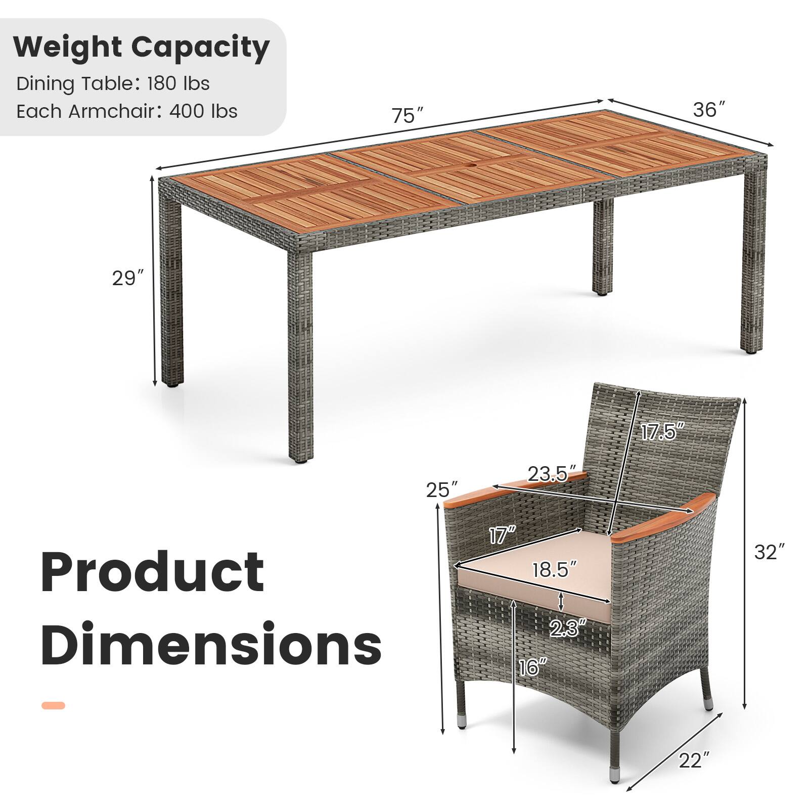 Weight Capacity:  
Dining Table: 180 lbs  
Each Armchair: 400 lbs  

Product Dimensions:  
Dining Table: 75" x 36" x 29"  
Armchair: 25" x 23.5" x 17.5" x 18.5" x 2.3" x 16" x 32" x 22"