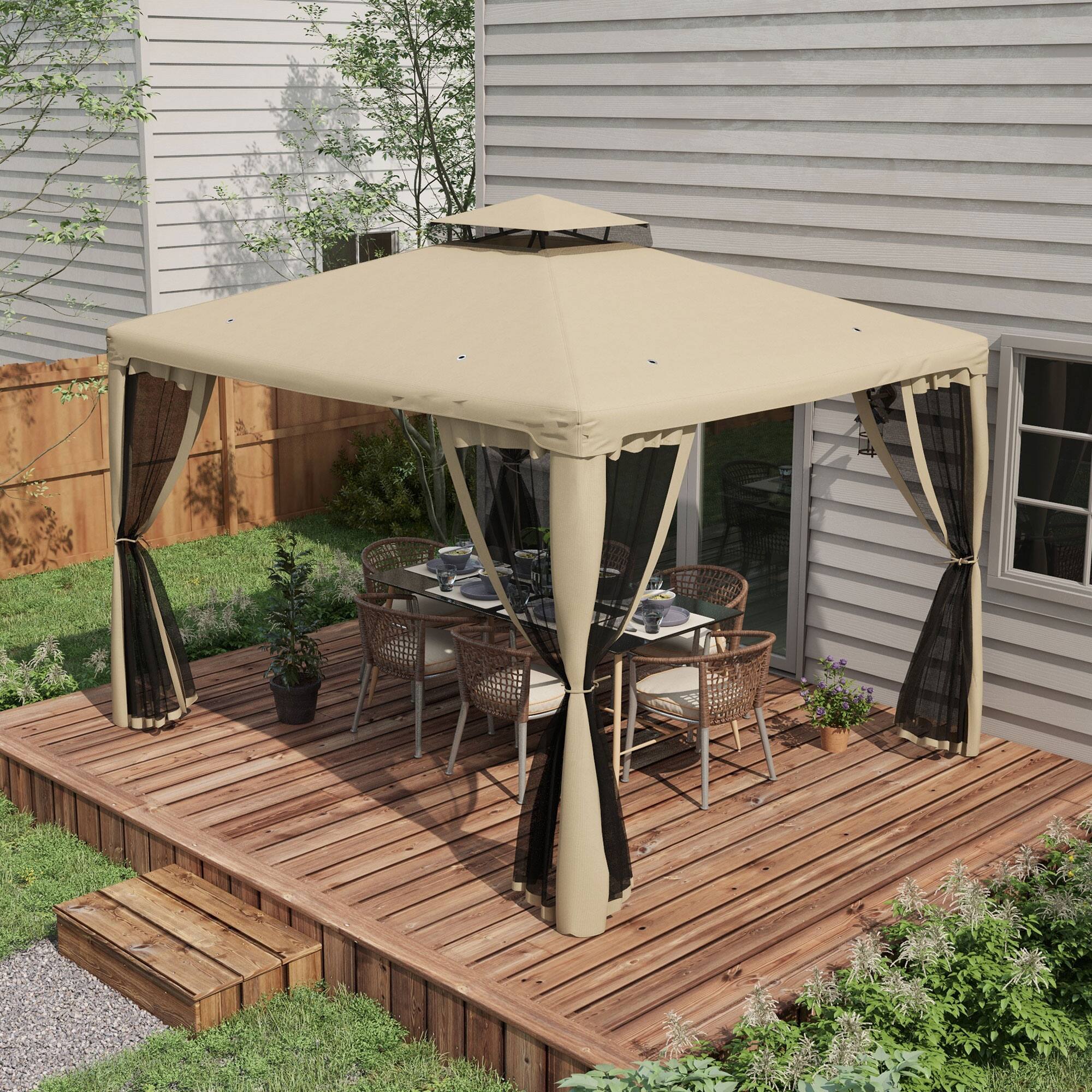 Angle. Outsunny - 9.6' x 11.6' Patio Gazebo, Outdoor Canopy Shelter with 2-Tier Roof and Netting, Steel Frame for Garden, Lawn - Taupe.