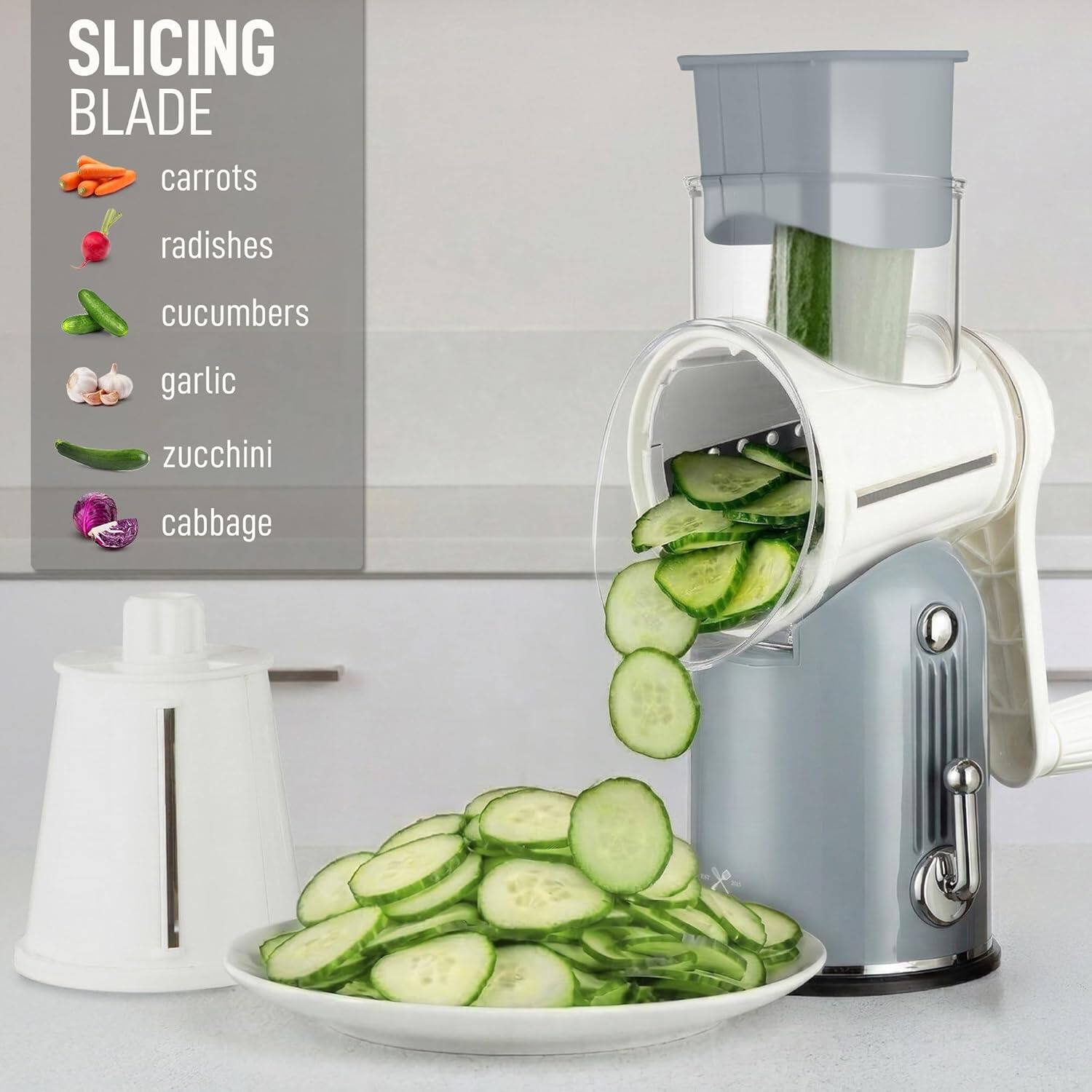 SLICING BLADE

- carrots
- radishes
- cucumbers
- garlic
- zucchini
- cabbage