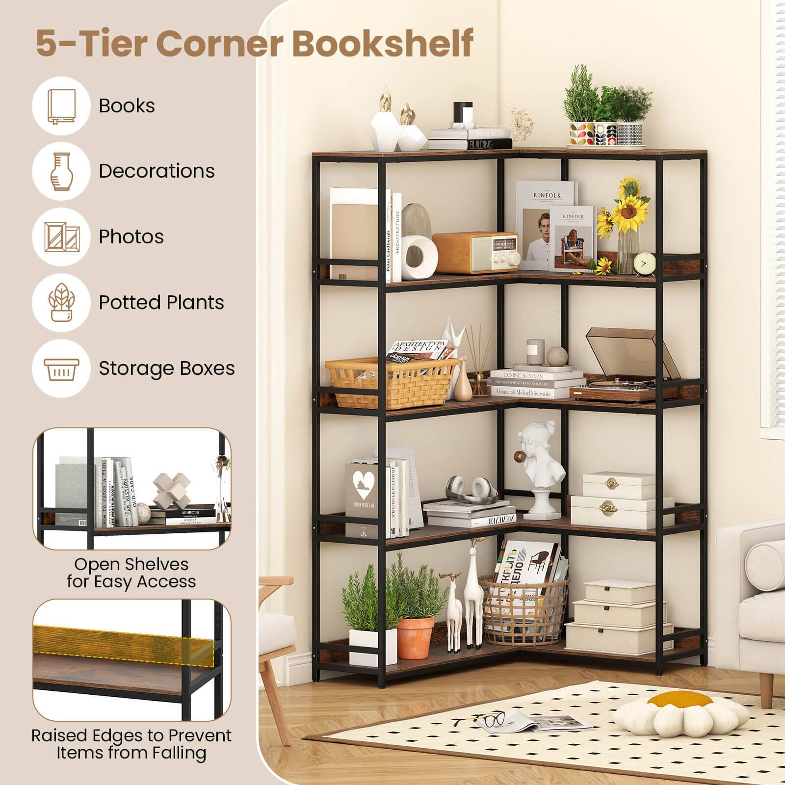 5-Tier Corner Bookshelf Books Decorations Photos Potted Plants Storage Boxes Open Shelves for Easy Access Raised Edges to Prevent Items from Falling