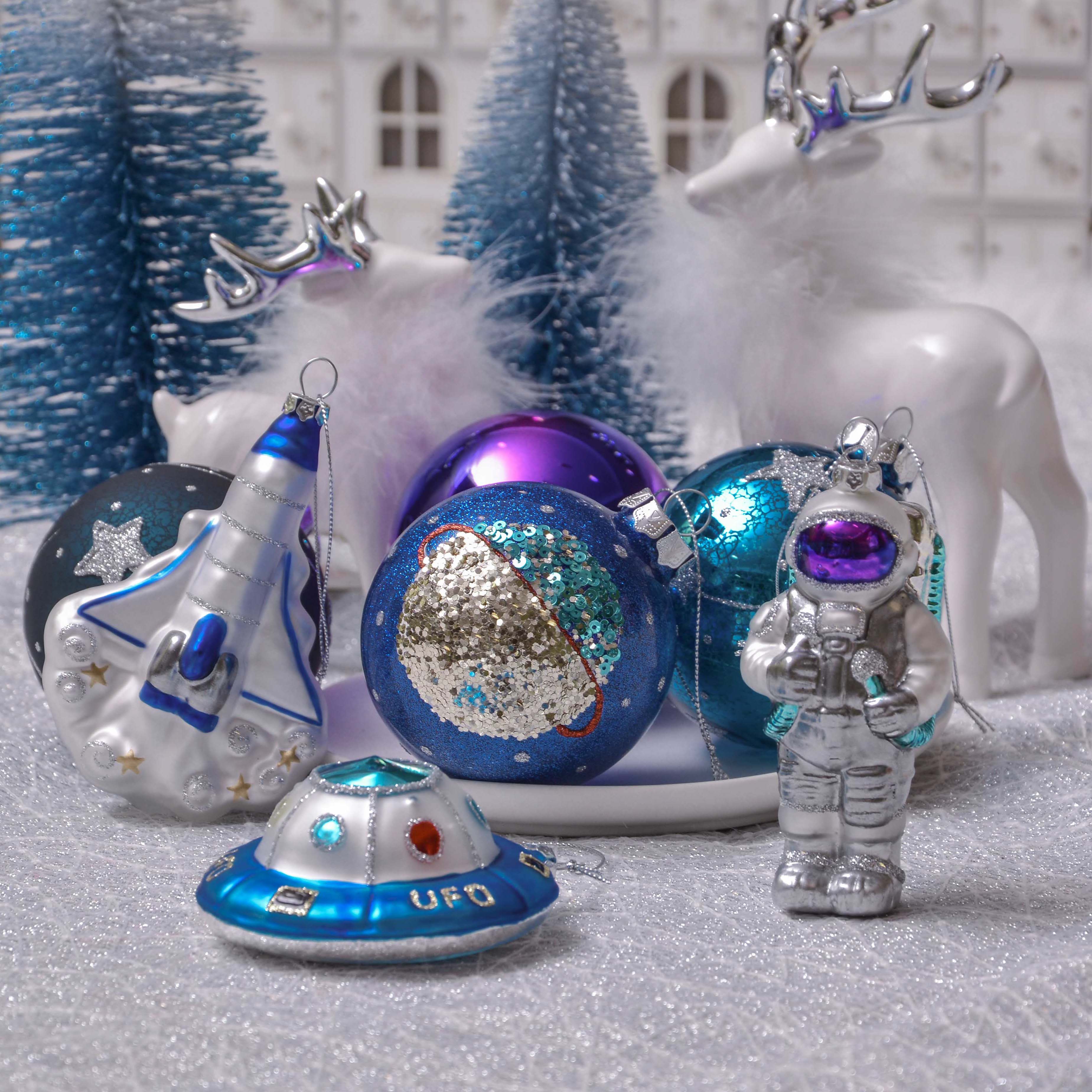 Back. OrnamentallyYou - Galactic Space Theme Glass Ornament Bundle Star Pattern Astronaut Spaceship and UFO Baubles - Multi-colored.