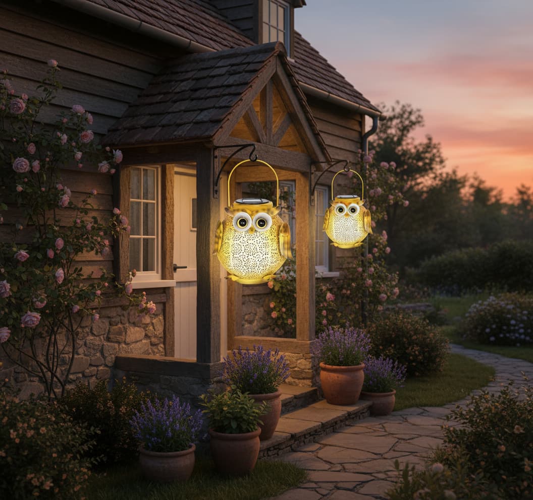 Alt View 3. FINEAK - 6" 2 Pack Owl Pattern Solar Hanging Lanterns - Waterproof Metal Garden Outdoor Lights - Gold.