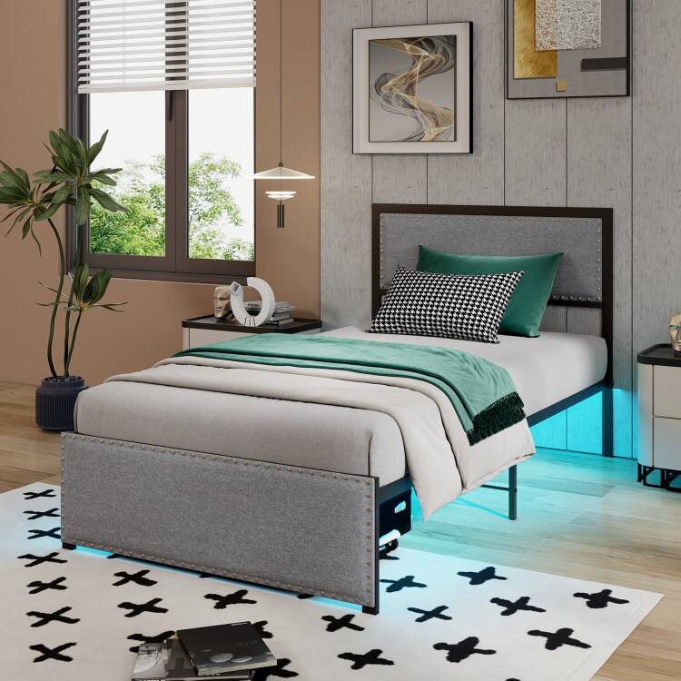 Angle. LUCKY ONE - Twin Size Metal Slats Bed Frame with LED Lights and Rolling Drawer - Gray.