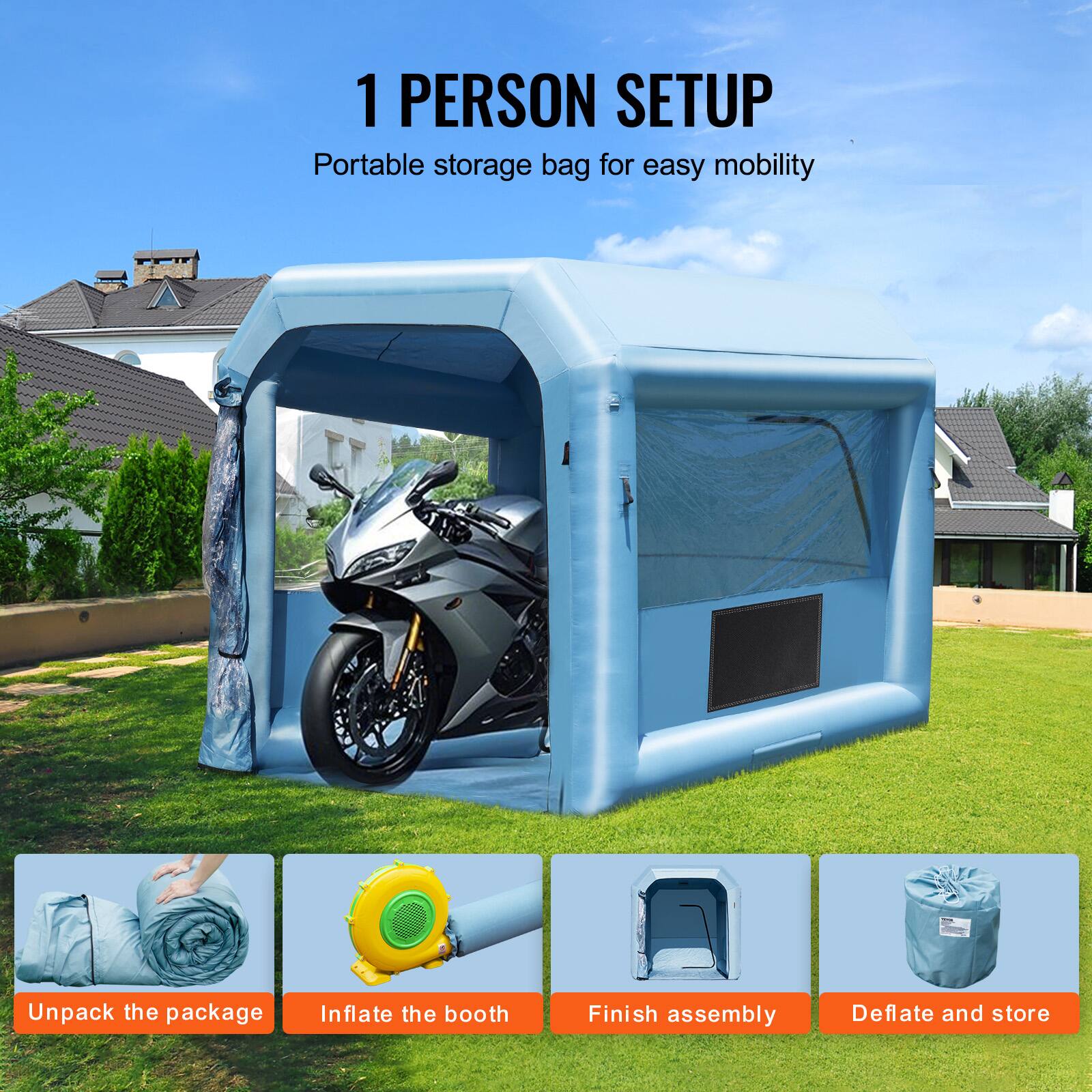 1 PERSON SETUP  
Portable storage bag for easy mobility  

Unpack the package  
Inflate the booth  
Finish assembly  
Deflate and store