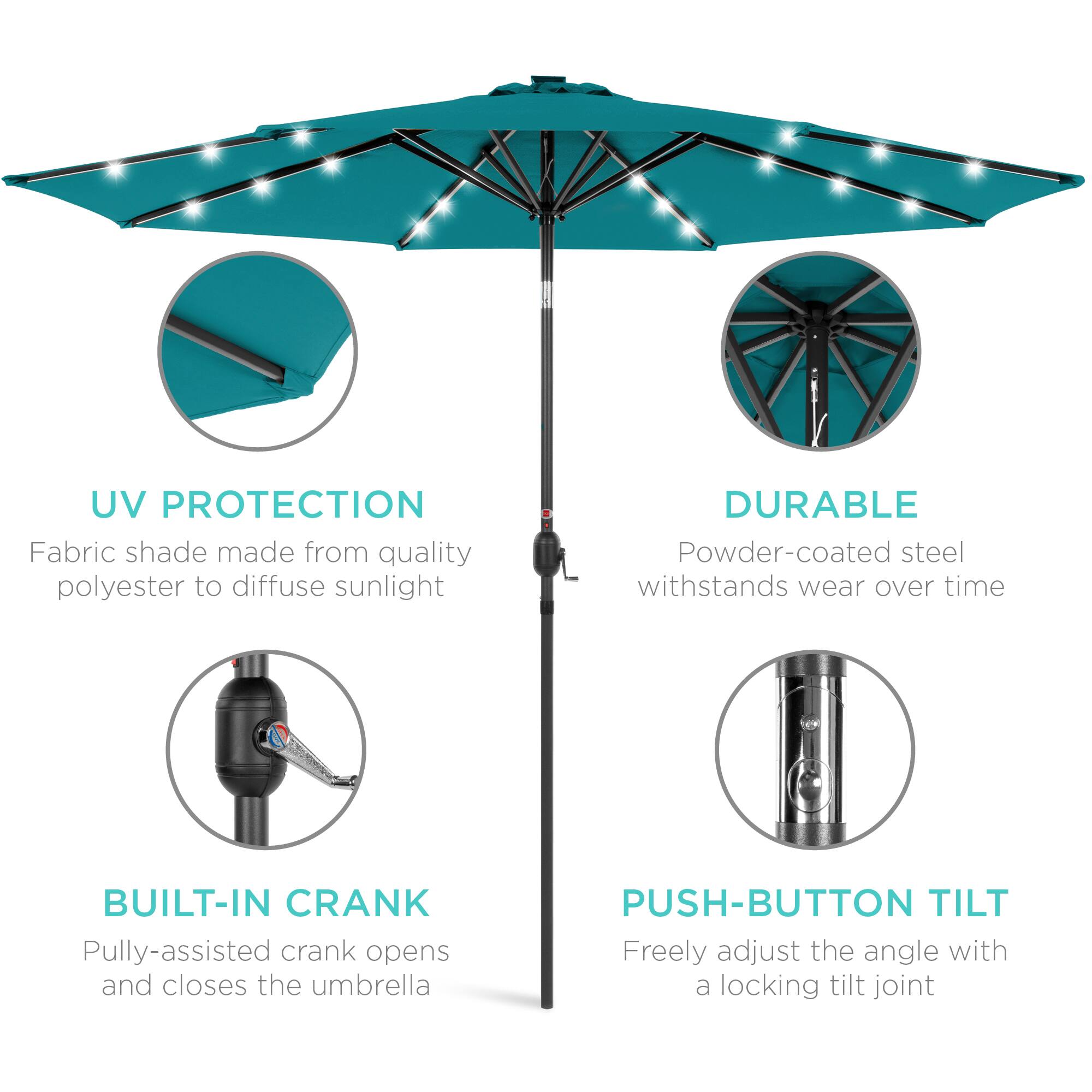 UV Protection: Fabric shade made from quality polyester to diffuse sunlight.  
Durable: Powder-coated steel withstands wear over time.  
Built-in Crank: Pulley-assisted crank opens and closes the umbrella.  
Push-button Tilt: Freely adjust the angle with a locking tilt joint.