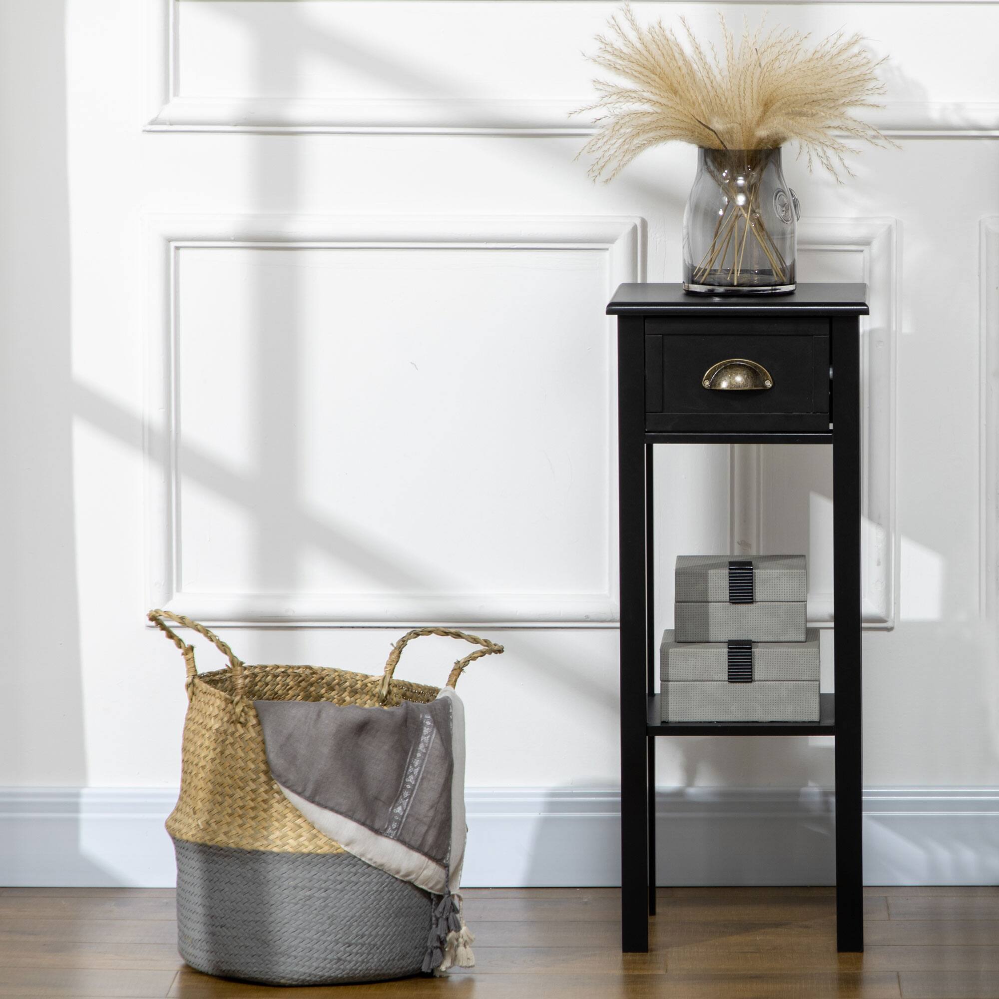 Alt View 4. Homcom - 2-Tier Side Table w/ Drawer & Bottom Shelf, Narrow End Table for Living Room - Black.