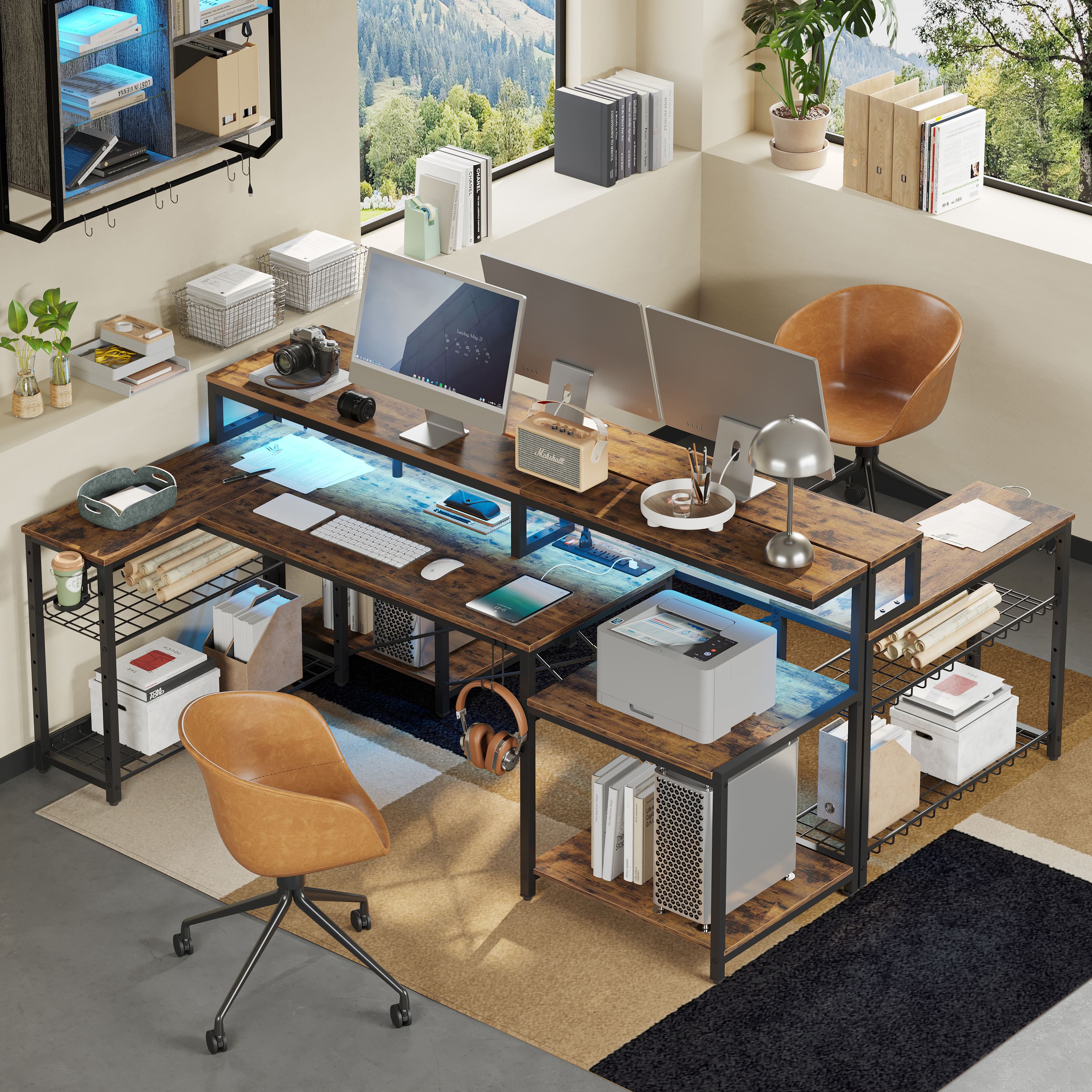 I cannot group or correct the text as it does not appear to be coherent or related to the image. The image features a well-organized office space with a desk, computer, keyboard, mouse, and various items such as books, a potted plant, and a TV. There is also a chair and a large window in the room.