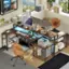 I cannot group or correct the text as it does not appear to be coherent or related to the image. The image features a well-organized office space with a desk, computer, keyboard, mouse, and various items such as books, a potted plant, and a TV. There is also a chair and a large window in the room.