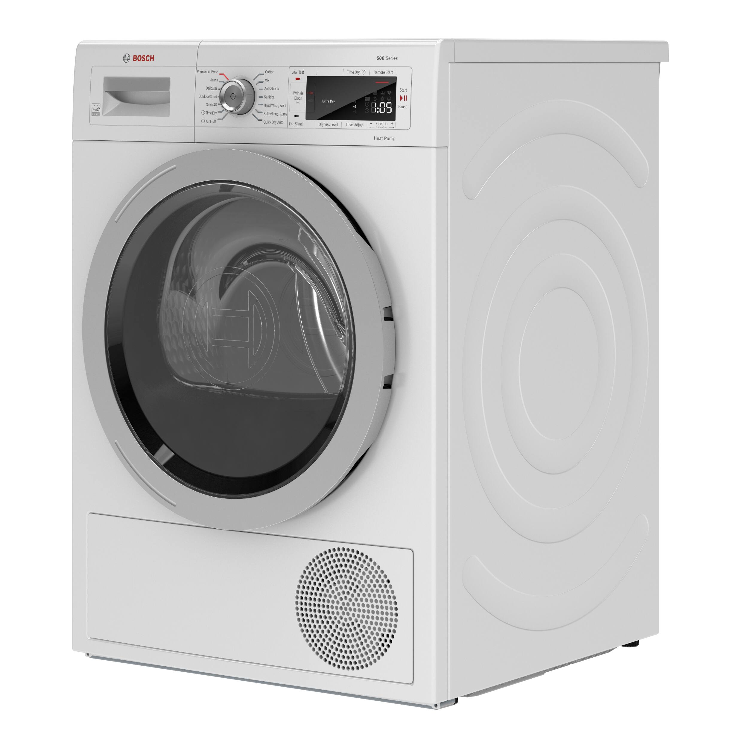 A Bosch washing machine is shown in the image. The machine has a large drum and a digital display. The machine is white and is designed for energy efficiency. The washing machine is equipped with a timer and a spin cycle. The machine is also designed to be quiet during operation.