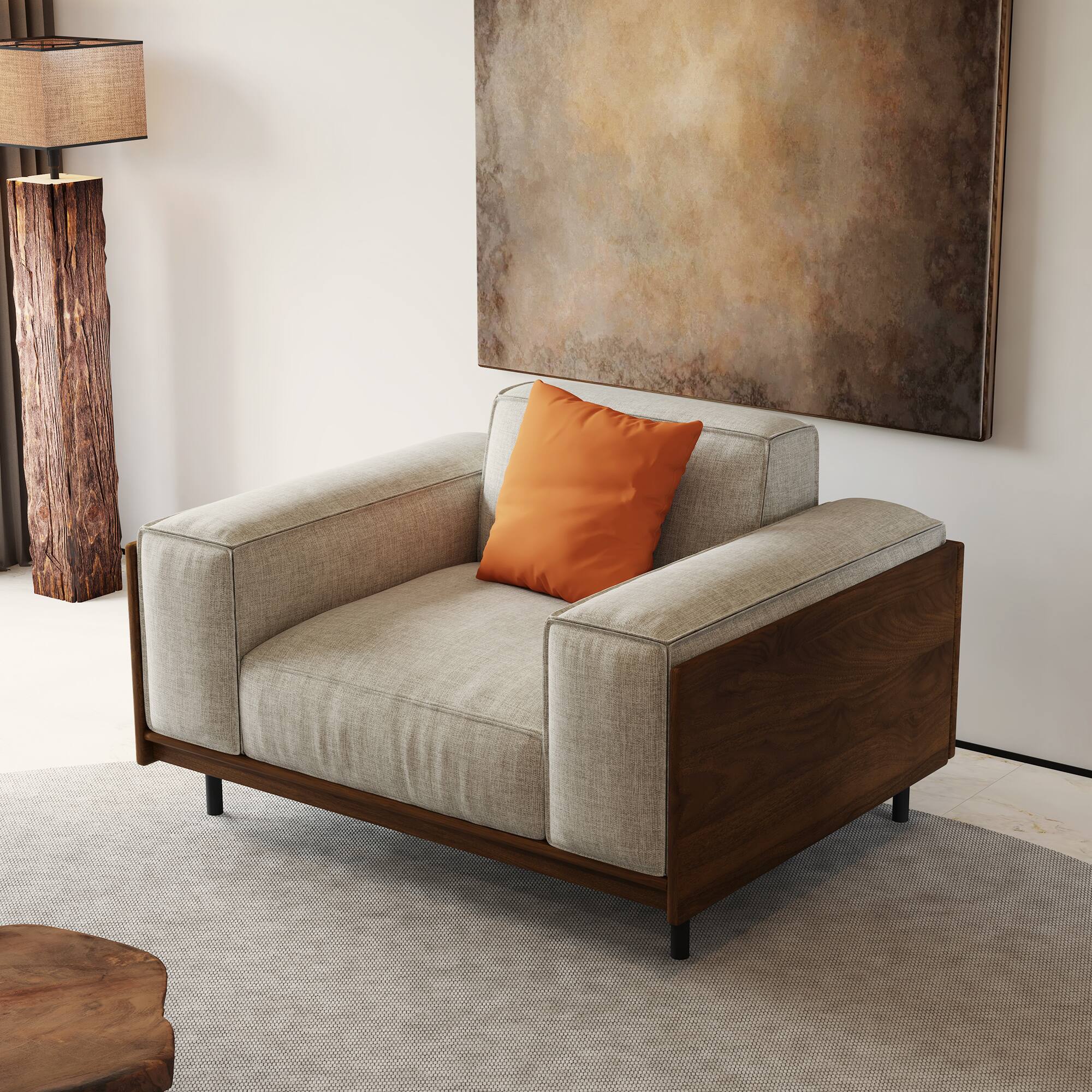 Back. luck idea - Modern Fabric Sofa with Solid Wood Frame, Breathable Cotton-Linen Upholstery, High-Density Foam Cushions, Metal Legs - Gray 1-Seat.