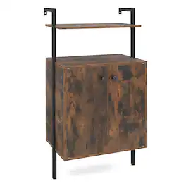 Costway - 1 PCS Wall Mount Bookshelf with Storage Cabinet,2-Door Industrial Bookcase with Open Shelves - Rustic Brown